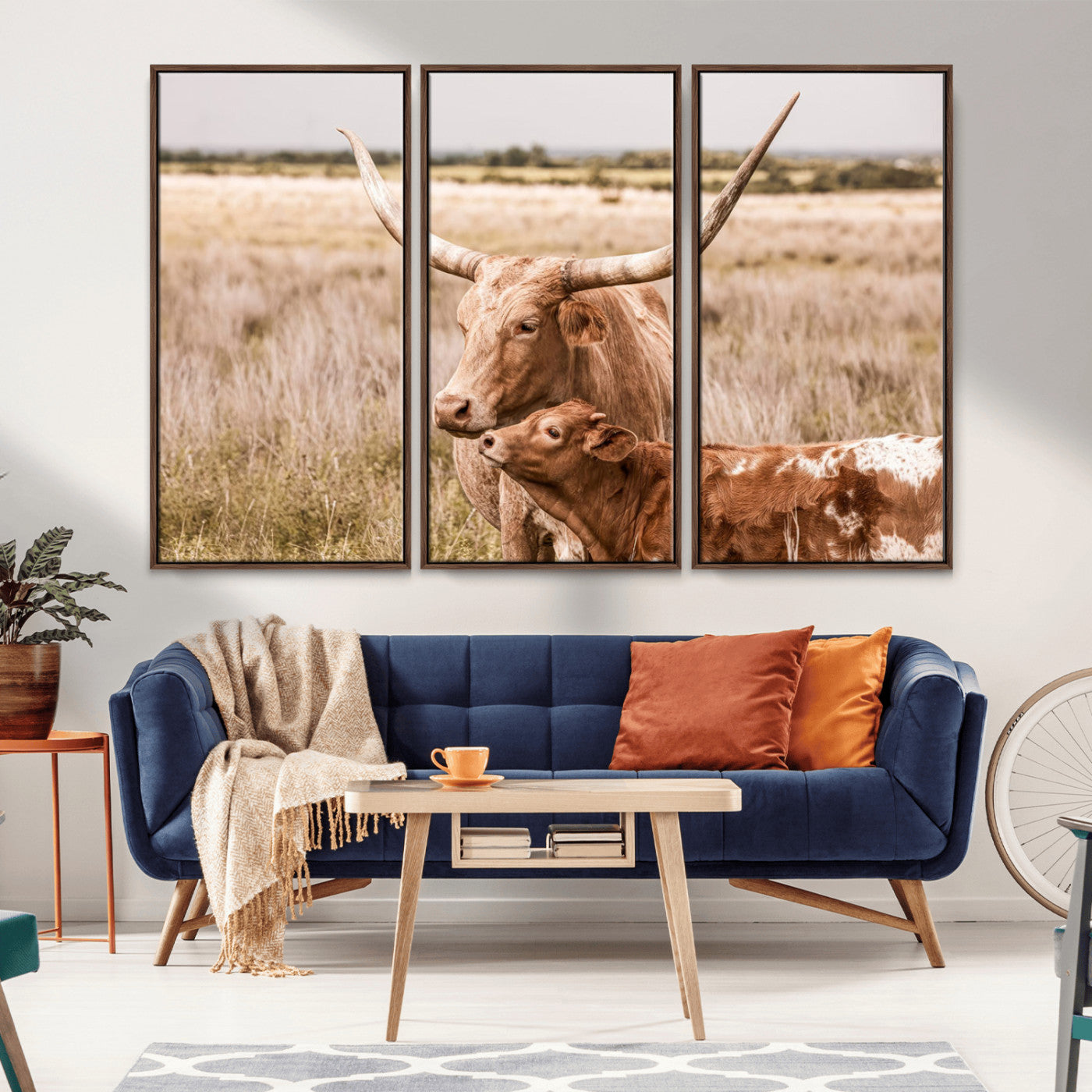 MGV-FC-48X32-3P - Texas Longhorn Cow Wall Art Canvas Print for Farmhouse Wall Art, Texas Decor, Western Wall Art Print