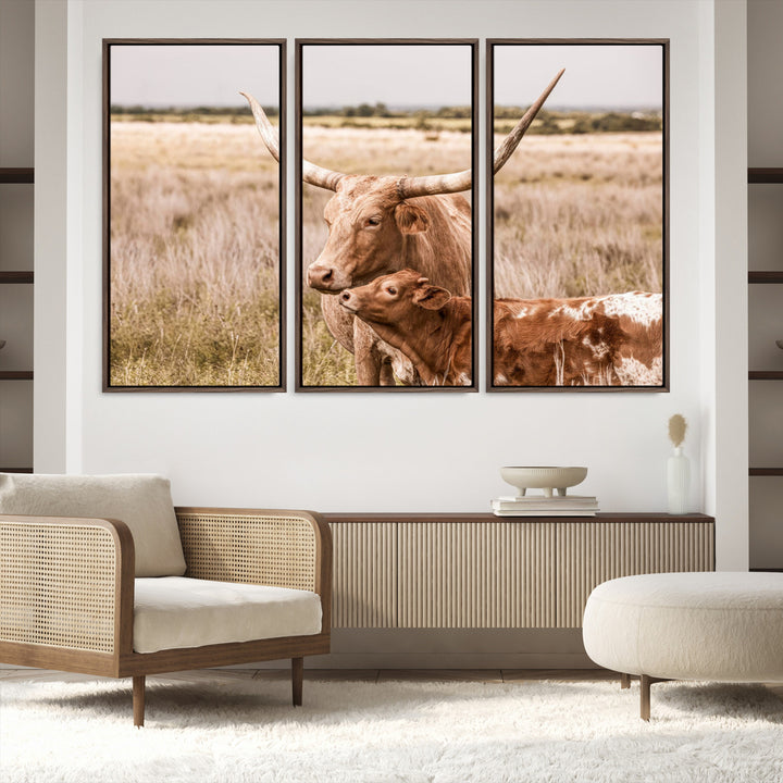 60320-MGV-FC-60X40-3P_Walnut-Texas Longhorn Cow Wall Art Canvas Print for Farmhouse Wall Art, Texas Decor, Western Wall Art Print