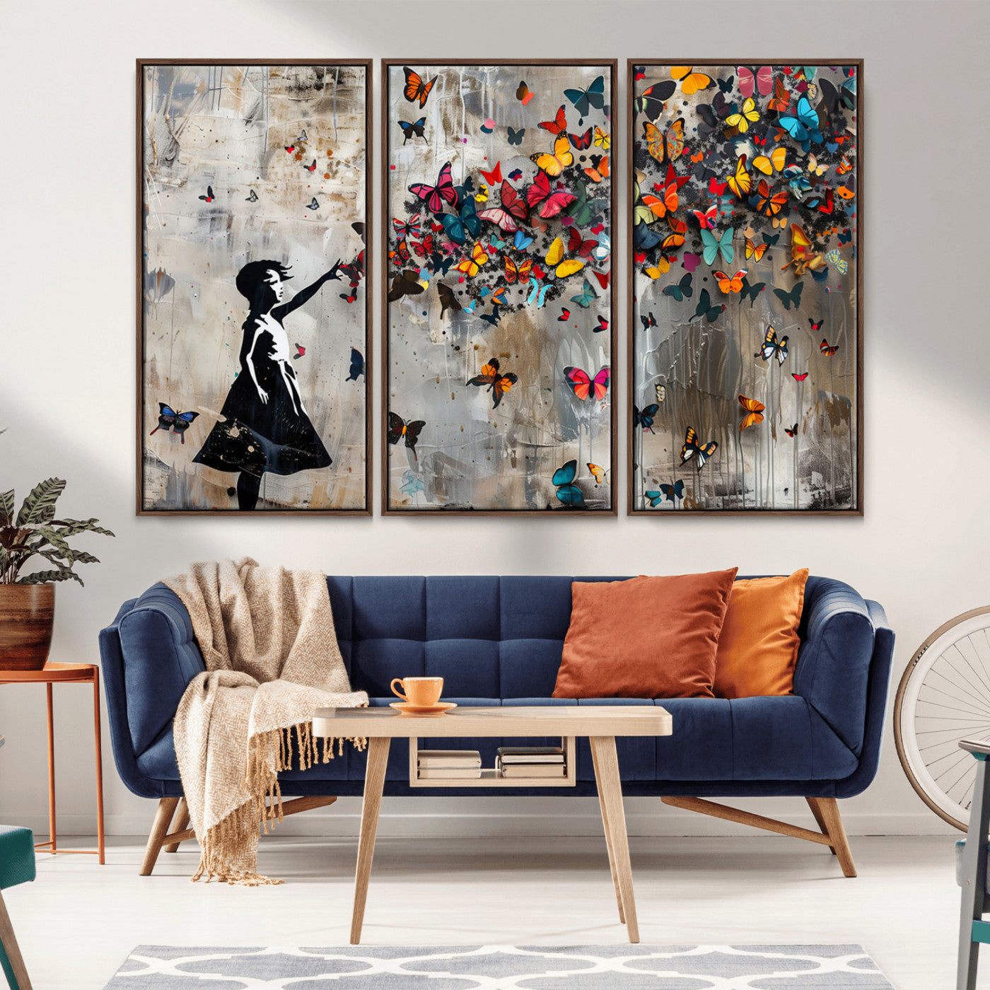 MGV-FC-48X32-3P - Framed Banksy Butterfly Girl Wall Art ,3-Piece Butterfly Girl Canvas, Modern Graffiti Canvas Print