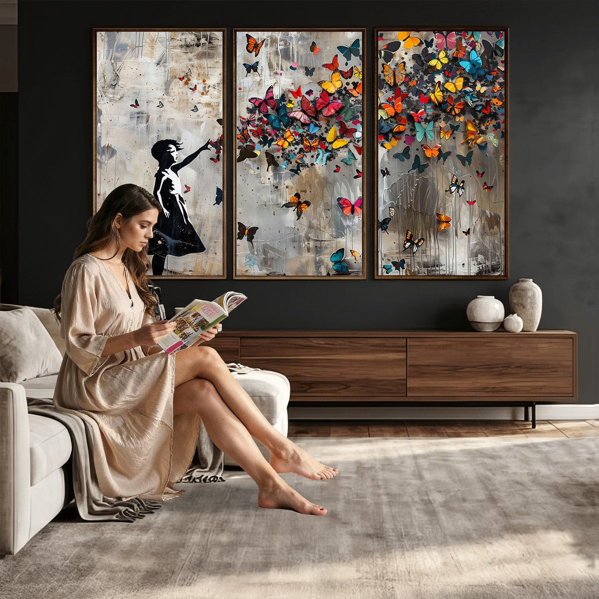 51446D-MGV-CV-24X16 - Banksy Butterfly Girl Wall Art | Modern Graffiti Canvas Print, Street Art Decor