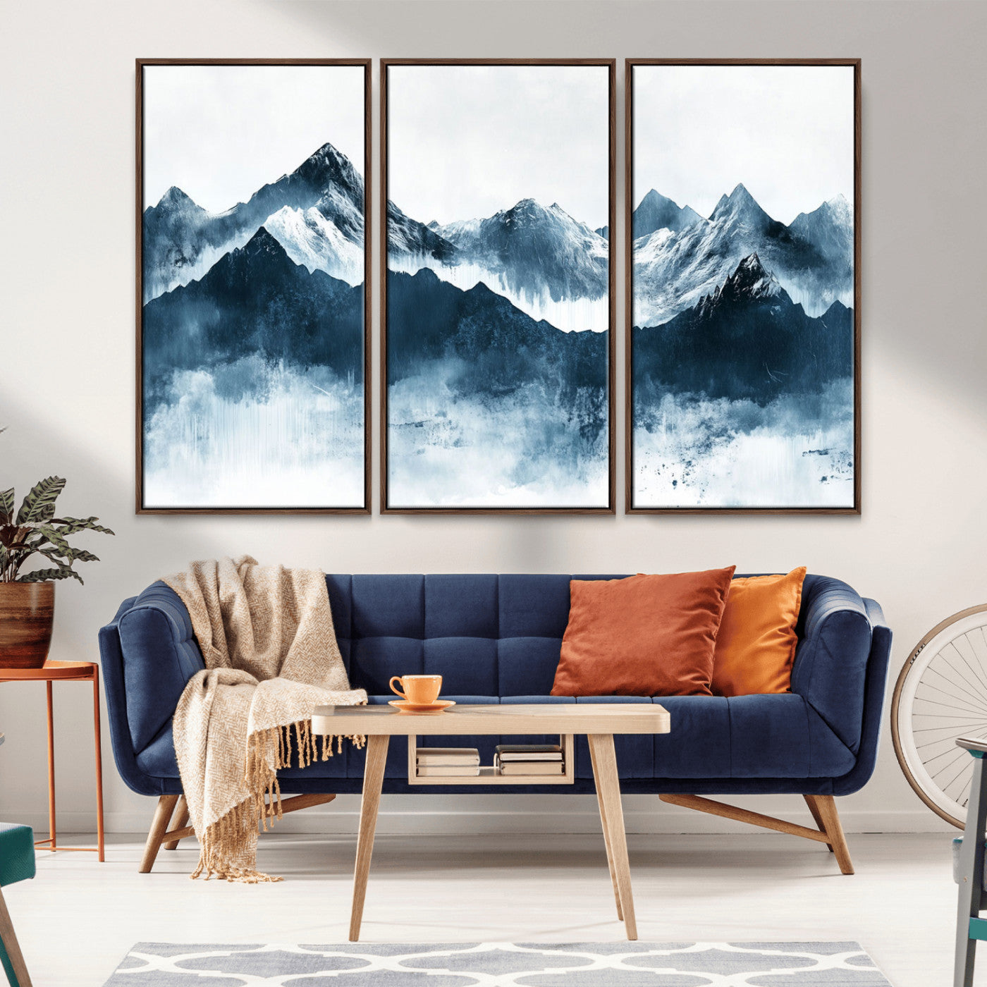 Abstract blue-toned canvas of snowy mountains in misty tones, ideal for minimalist or moody alpine-inspired home decor.