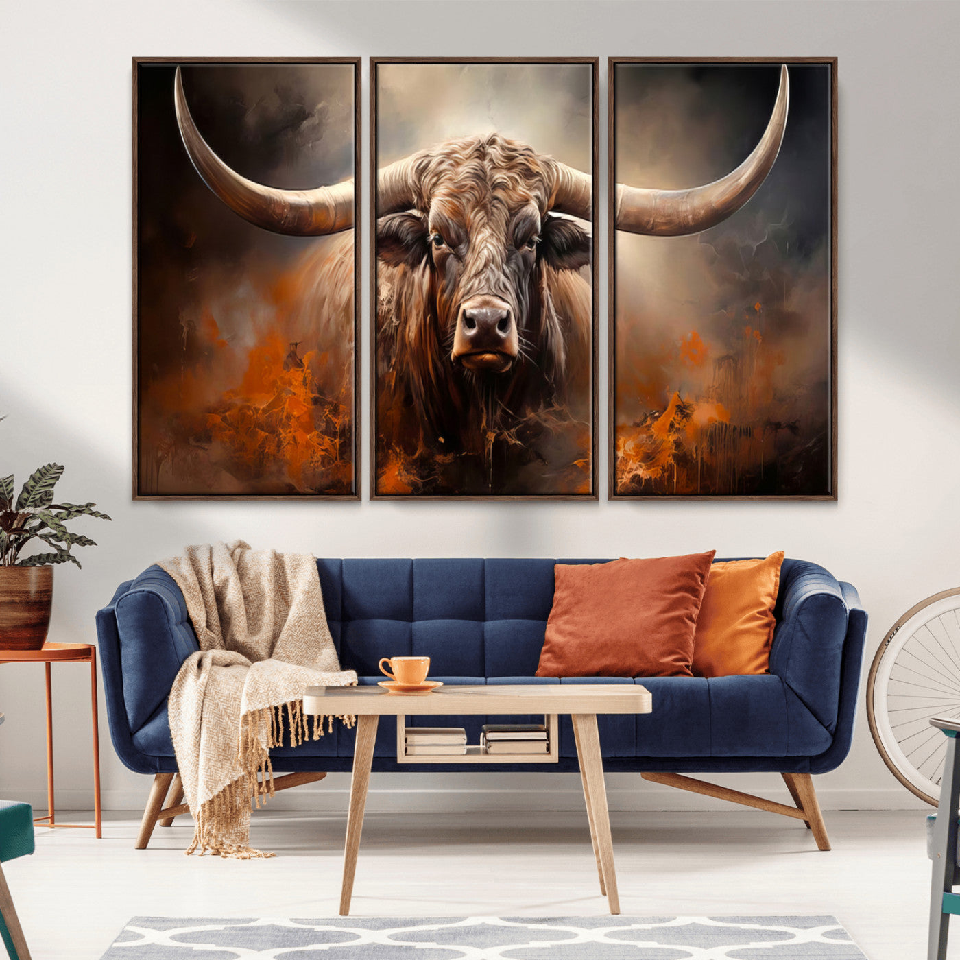 MGV-FC-48X32-3P - Highland Bull Canvas Abstract Canvas Wall Art Print – Powerful Highland Bull with Striking Horns in
