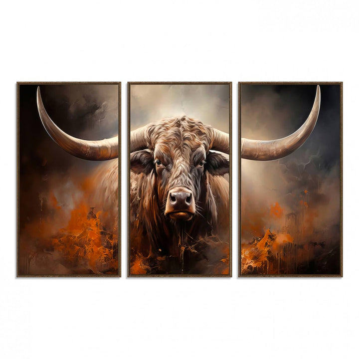 A Highland Bull with striking horns is depicted in a fiery abstract style on a ready-to-hang wall art canvas, evoking strength.