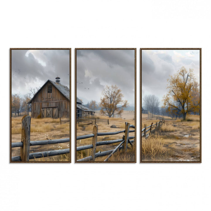 Rustic Autumn Farmhouse Wall Art – Weathered Barn & Trees Canvas Print, featuring a serene scene with birds in the sky. This piece is ready to hang.