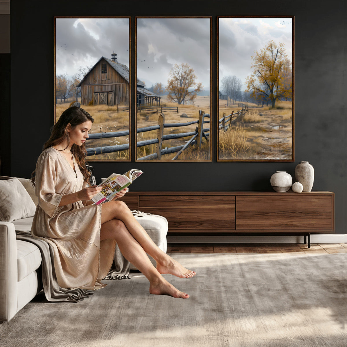 Farm1-MGV-CV-36X24 - Rustic Autumn Farmhouse Wall Art Canvas Print | Serene Countryside with Weathered Barn