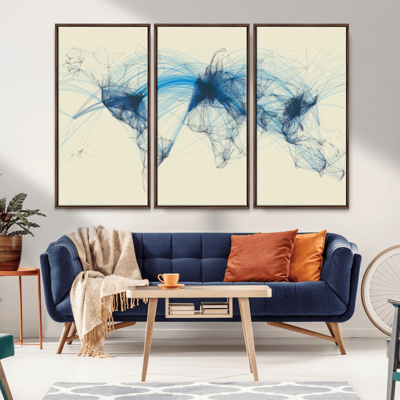 MGV-FC-48X32-3P - Flight Routes Map art Air Traffic Avi World Map with Blue Connections Canvas Wall Art – Modern