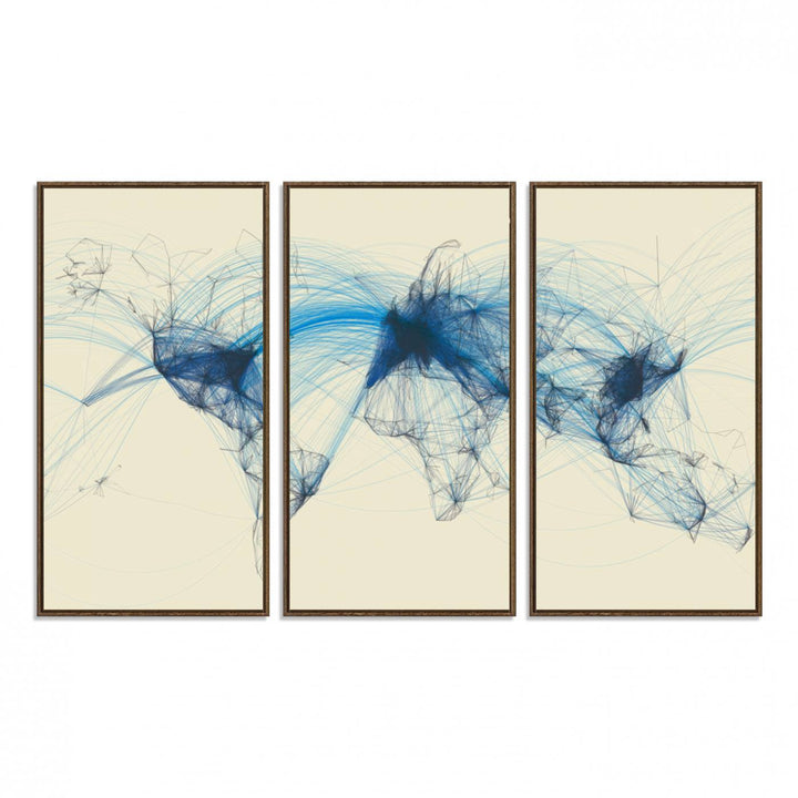 Flight Routes Map: Air Traffic Avi World Map featuring blue lines symbolizing global data. Ideal for home decor and ready to hang.