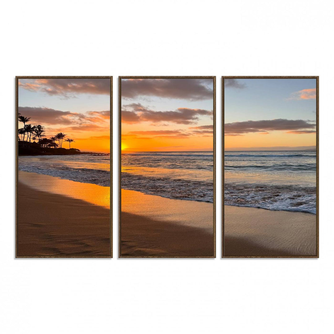 Sunset Wall Art Print featuring a beach sunset with waves and palms, perfect for coastal decor.