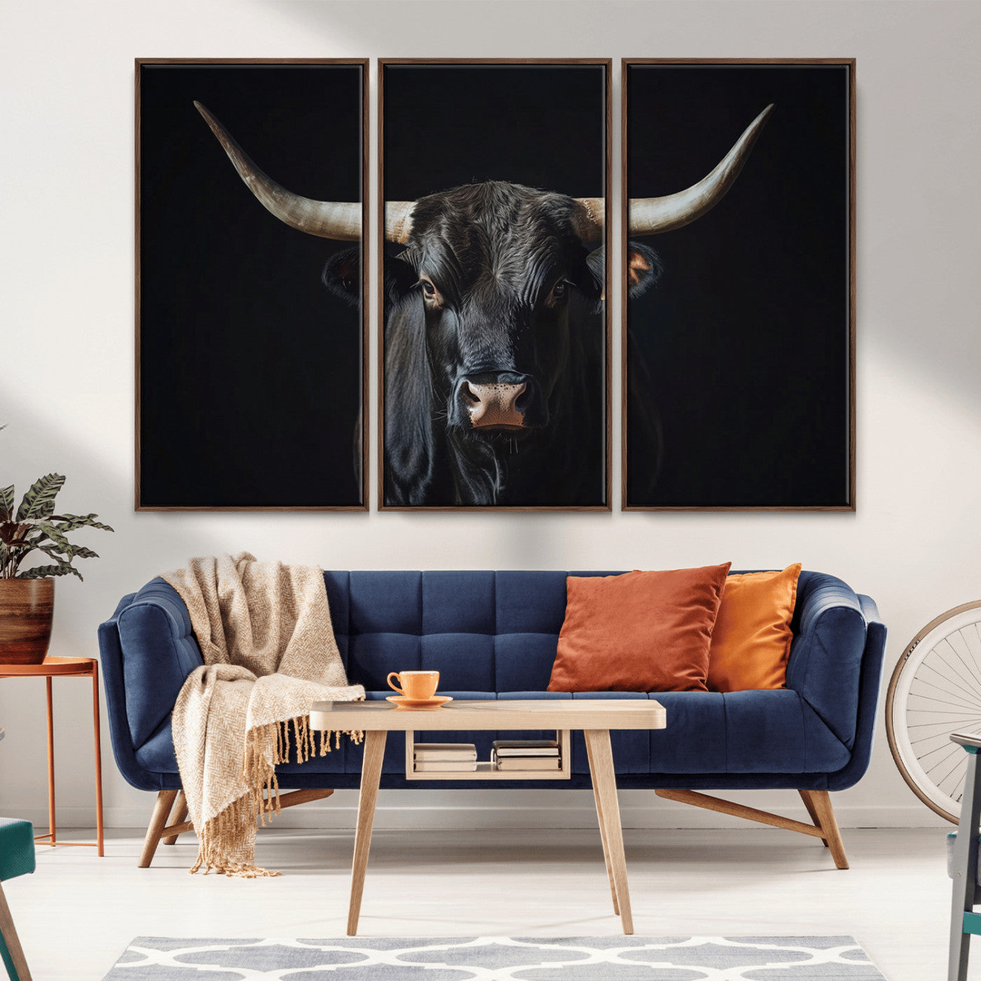 Canvas of a black longhorn bull against a dark background, featuring moody tones and western character for rustic or cowboy-inspired spaces.