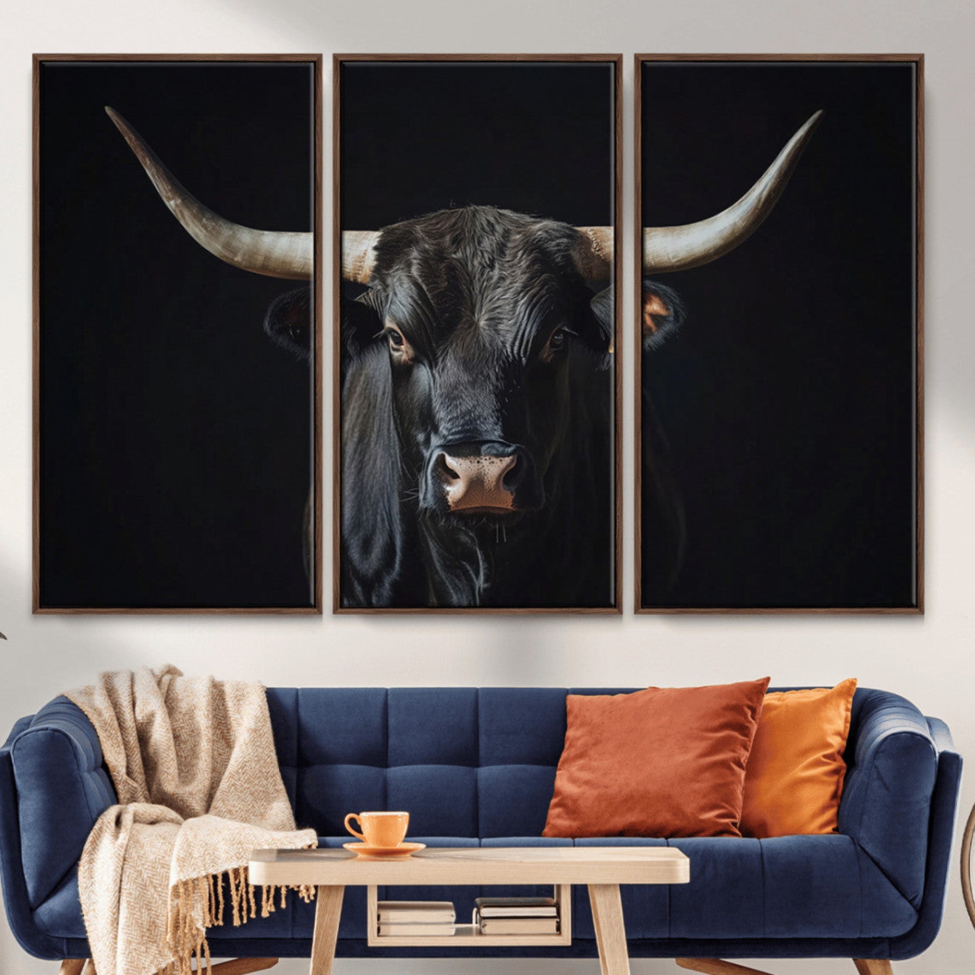 48065167-MGV-CV-36X24-Majestic Longhorn Bull Wall Art Canvas Print – Dark Background Western Ranch Portrait Artwork for Home, Office