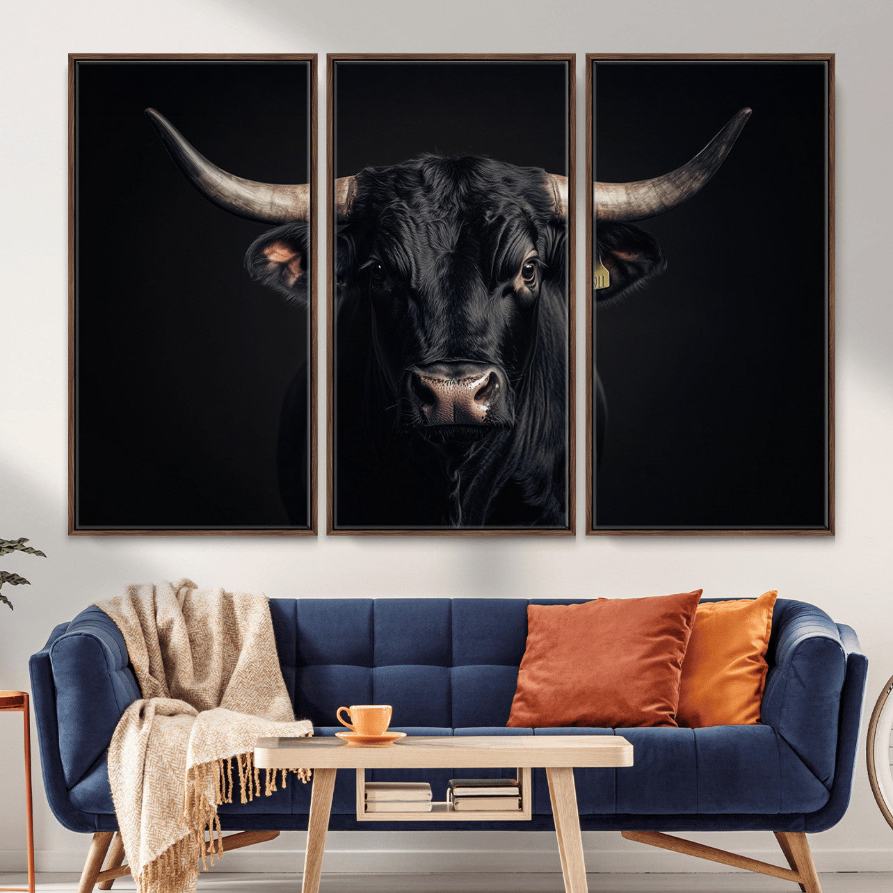 MGV-FC-48X32-3P - Black Bull Wall Art – Framed Horned Bull Canvas Artwork, Western Cattle Design, Rustic Ranch Style Decor for Home, Office