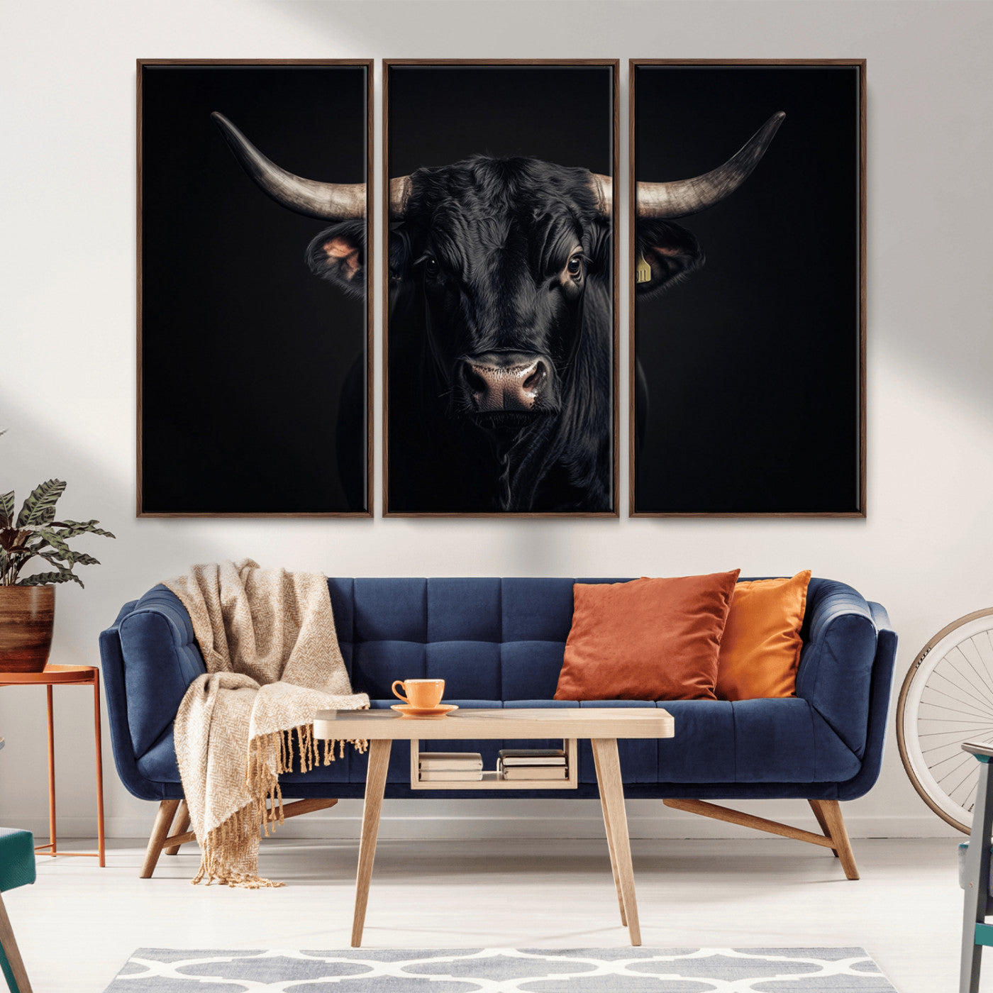 Canvas featuring a black horned bull in moody lighting on a dark background, perfect for western or rustic farmhouse-style home decor.