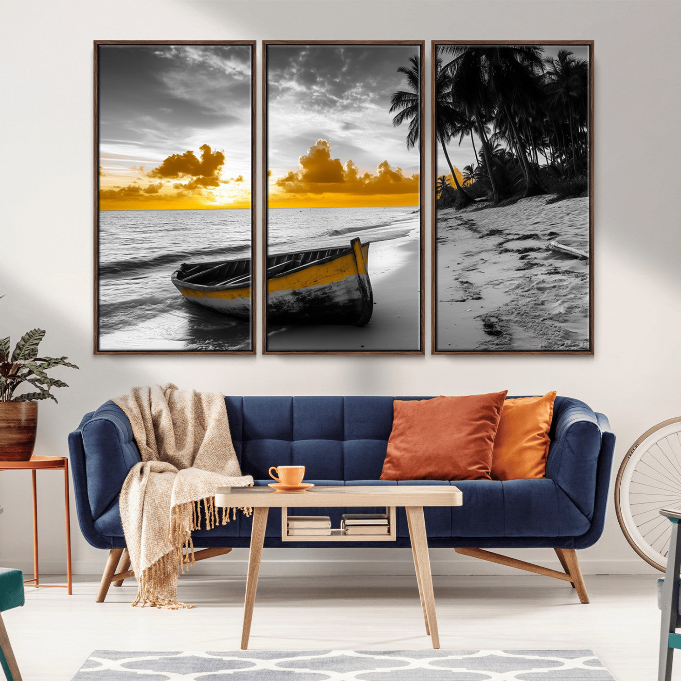 Canvas of a yellow rowboat on a black and white tropical beach with golden sunset sky, ideal for coastal or tropical-themed home decor.