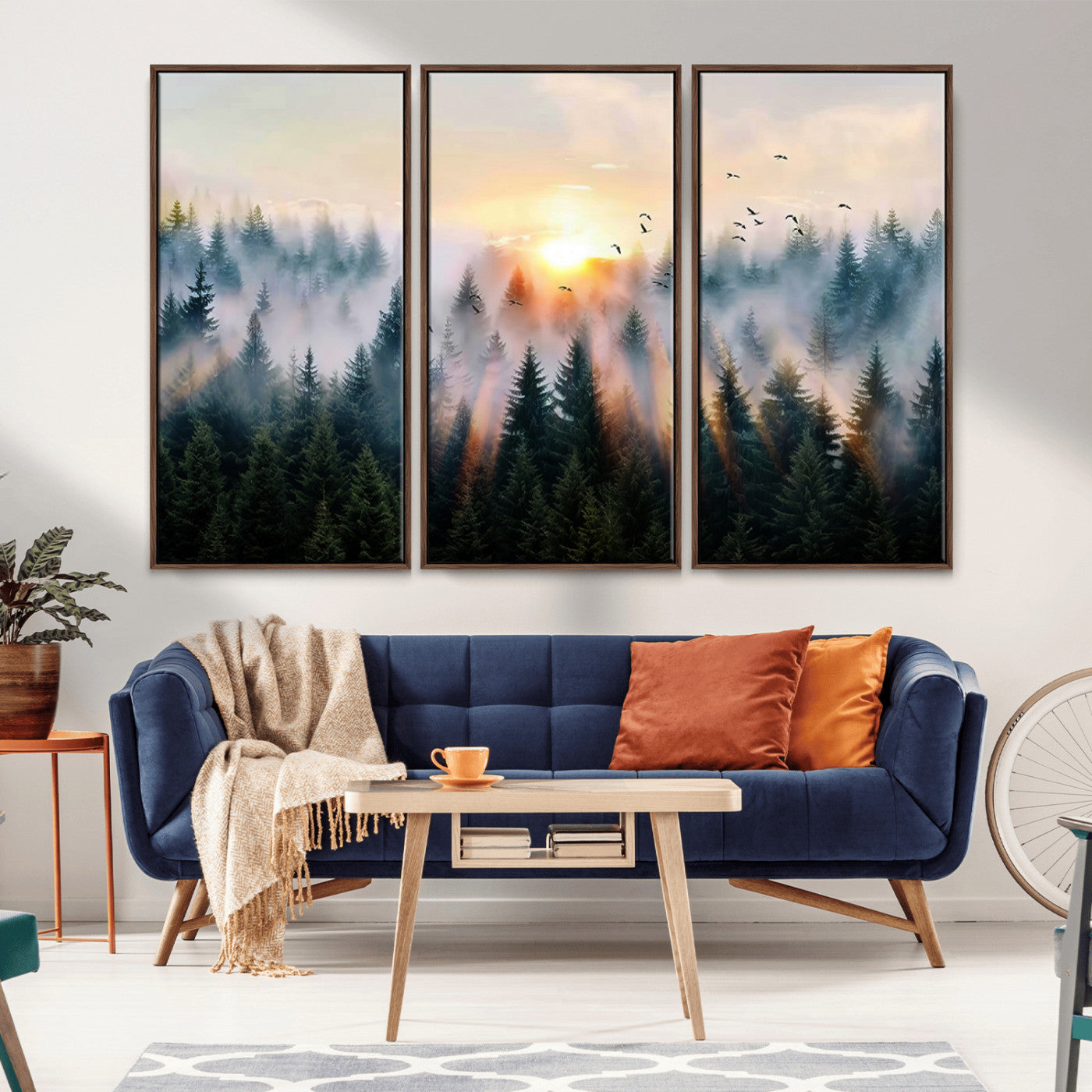 Canvas of a misty pine forest at sunrise with birds flying through golden morning rays, perfect for serene and moody woodland-style home decor.