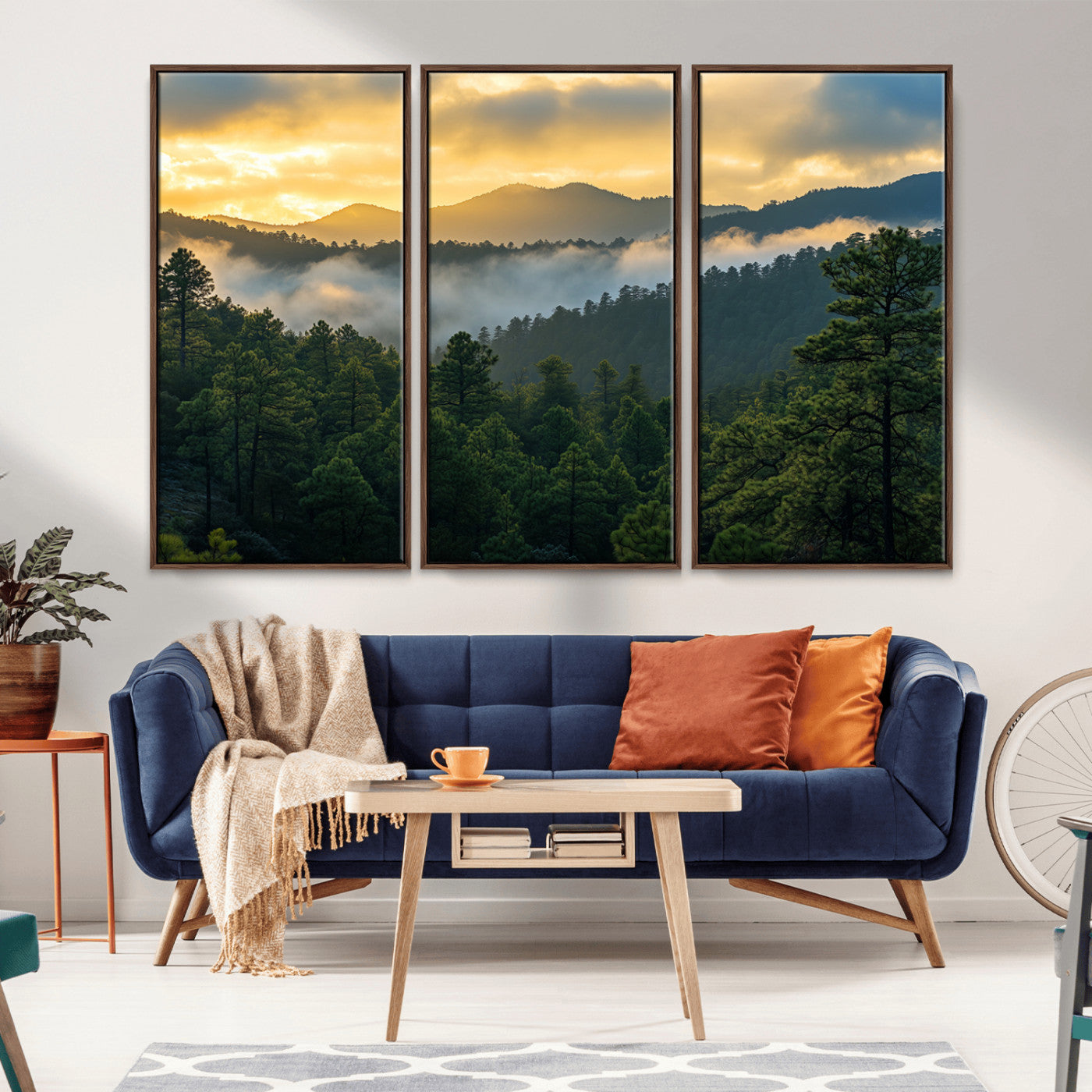 Canvas of misty pine-covered mountains at sunrise, featuring golden light and fog layers, ideal for tranquil earthy home decor.