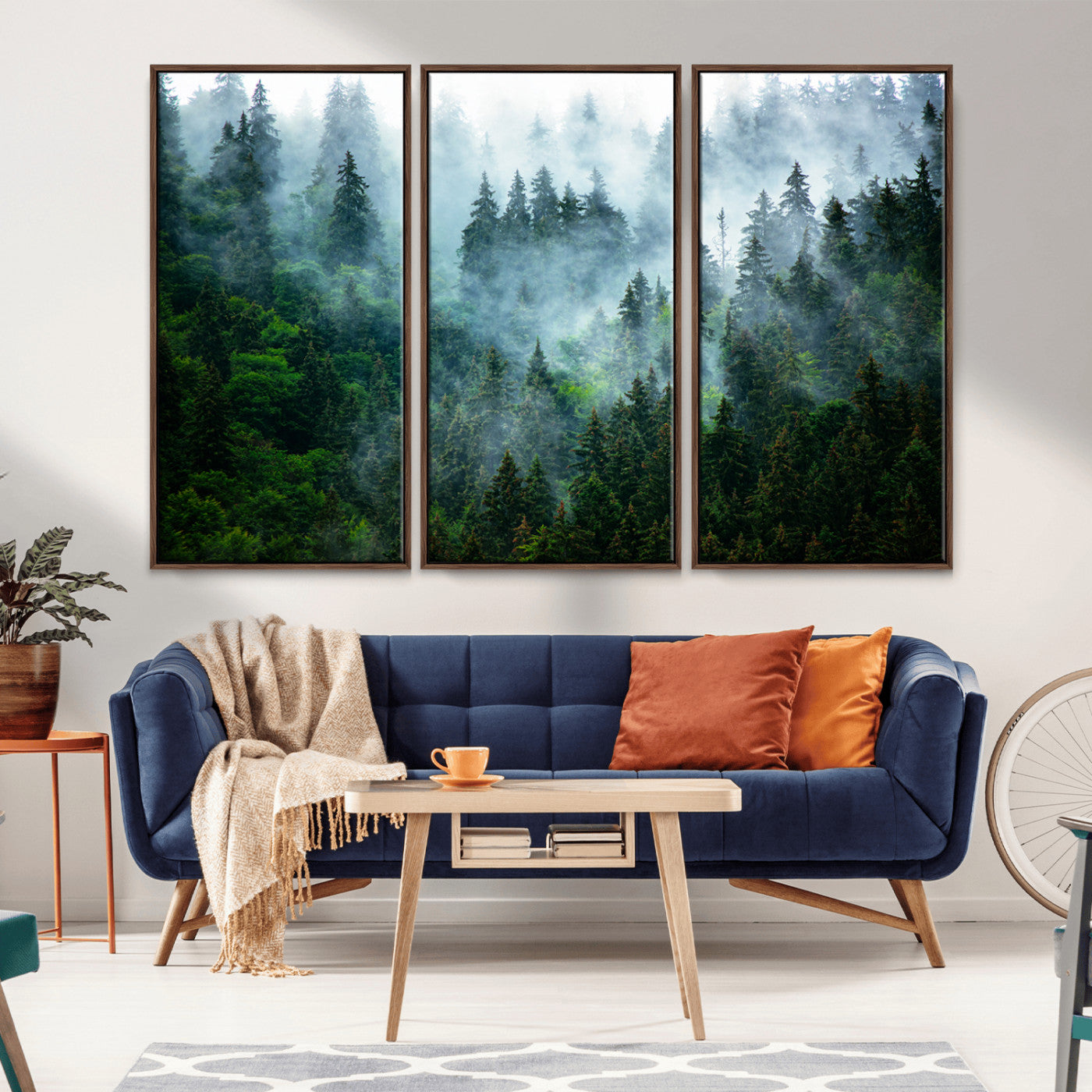 A captivating view of a dense pine forest blanketed in drifting fog, evoking a mystical and tranquil atmosphere.