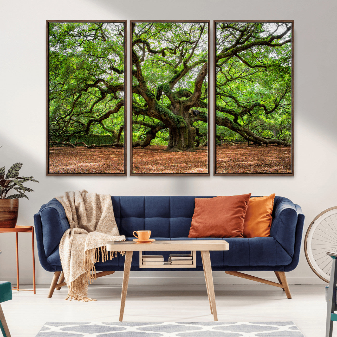 A majestic, ancient tree with expansive, twisting branches spreading wide under a dense, vibrant green canopy in a serene forest clearing.