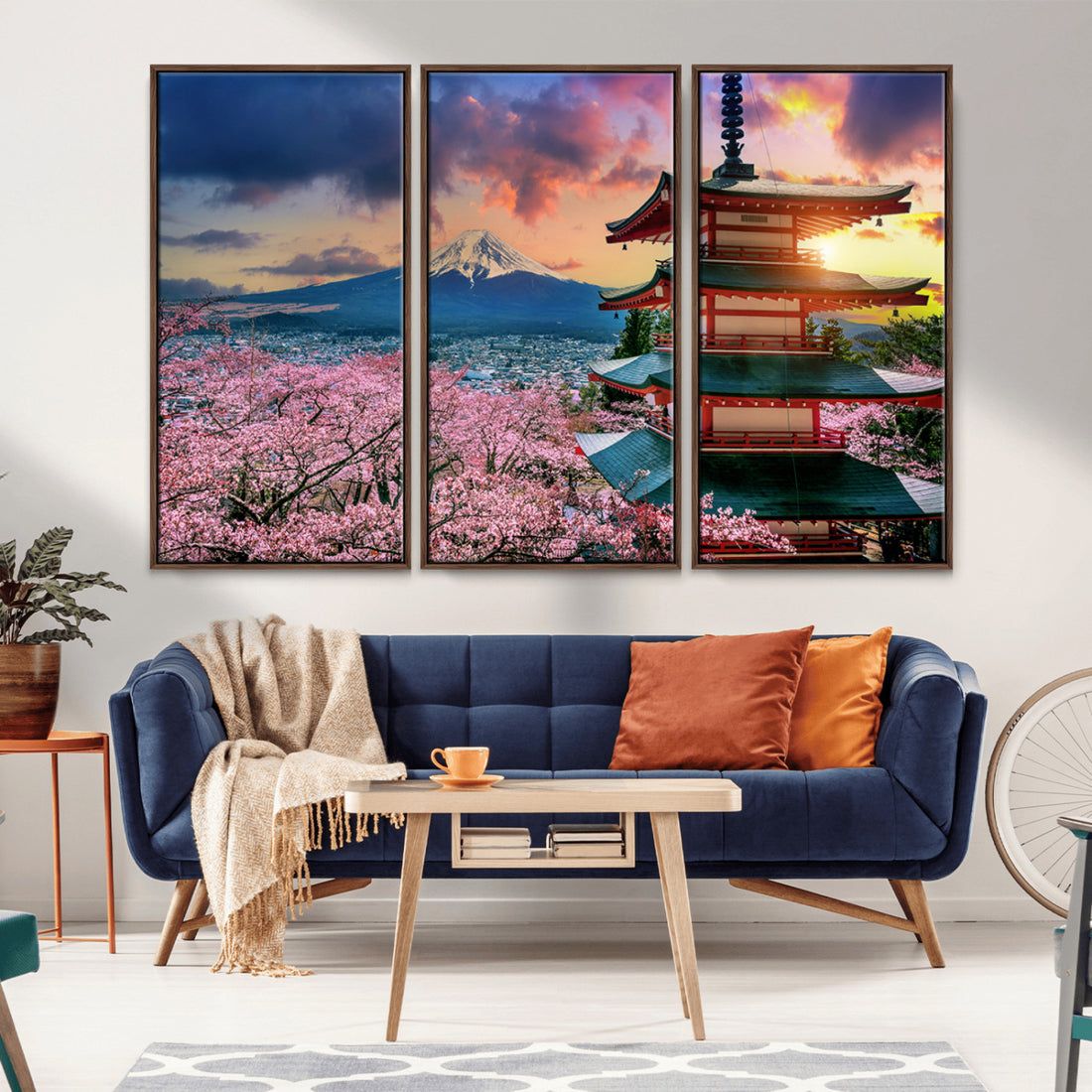 Mount Fuji Cherry Blossom Wall Art Canvas Print, Framed Japanese Landscape, Sakura Pagoda Sunset