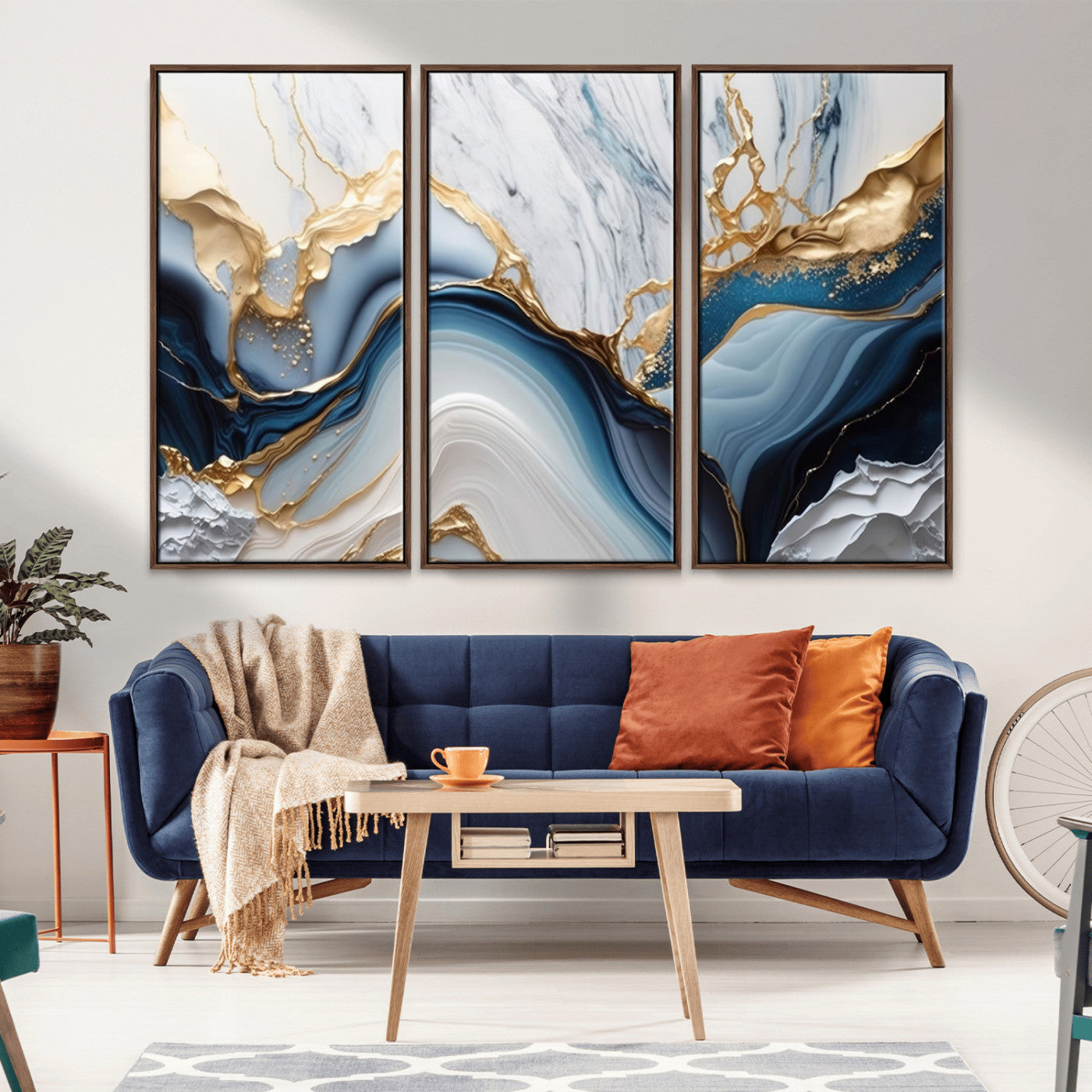 Abstract canvas with blue marble textures and flowing gold veins, ideal for modern luxury or coastal-inspired interior decor.