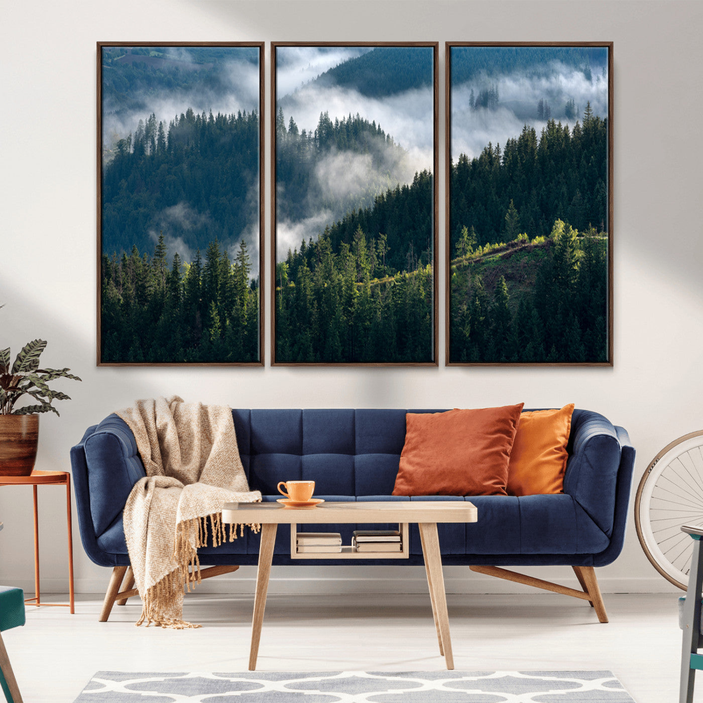 Moody canvas of misty pine forests over layered hills, perfect for cool-toned nature-inspired or woodland-style home decor.