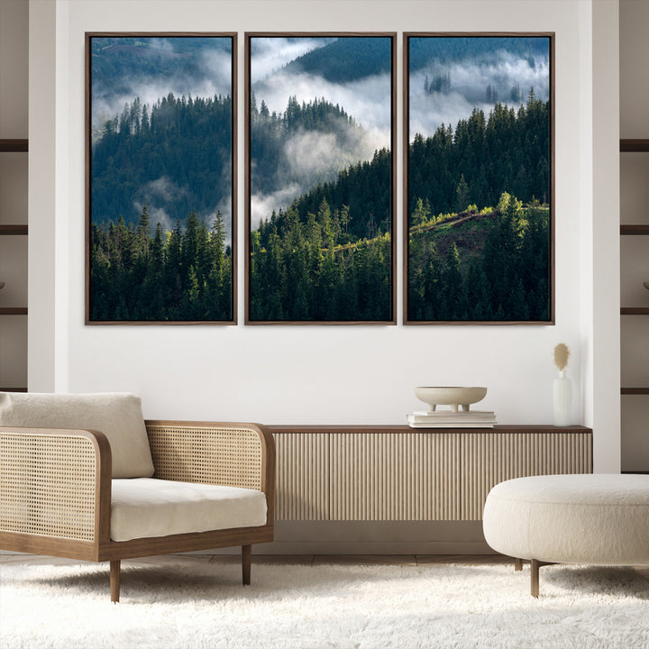 Moody canvas of misty pine forests over layered hills, perfect for cool-toned nature-inspired or woodland-style home decor.
