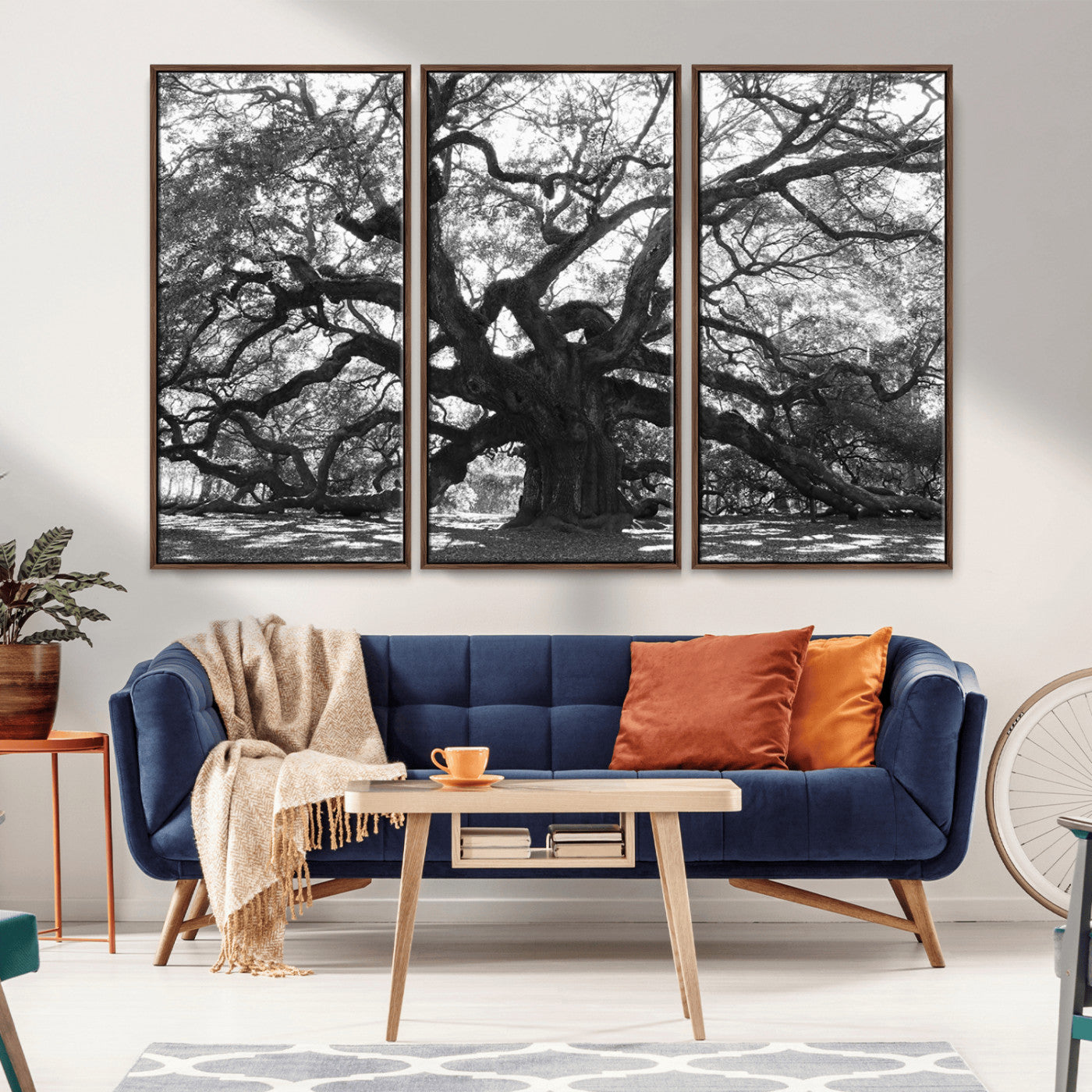 Black and white canvas of an ancient oak tree with sprawling, twisted branches, ideal for moody nature-inspired or rustic decor.
