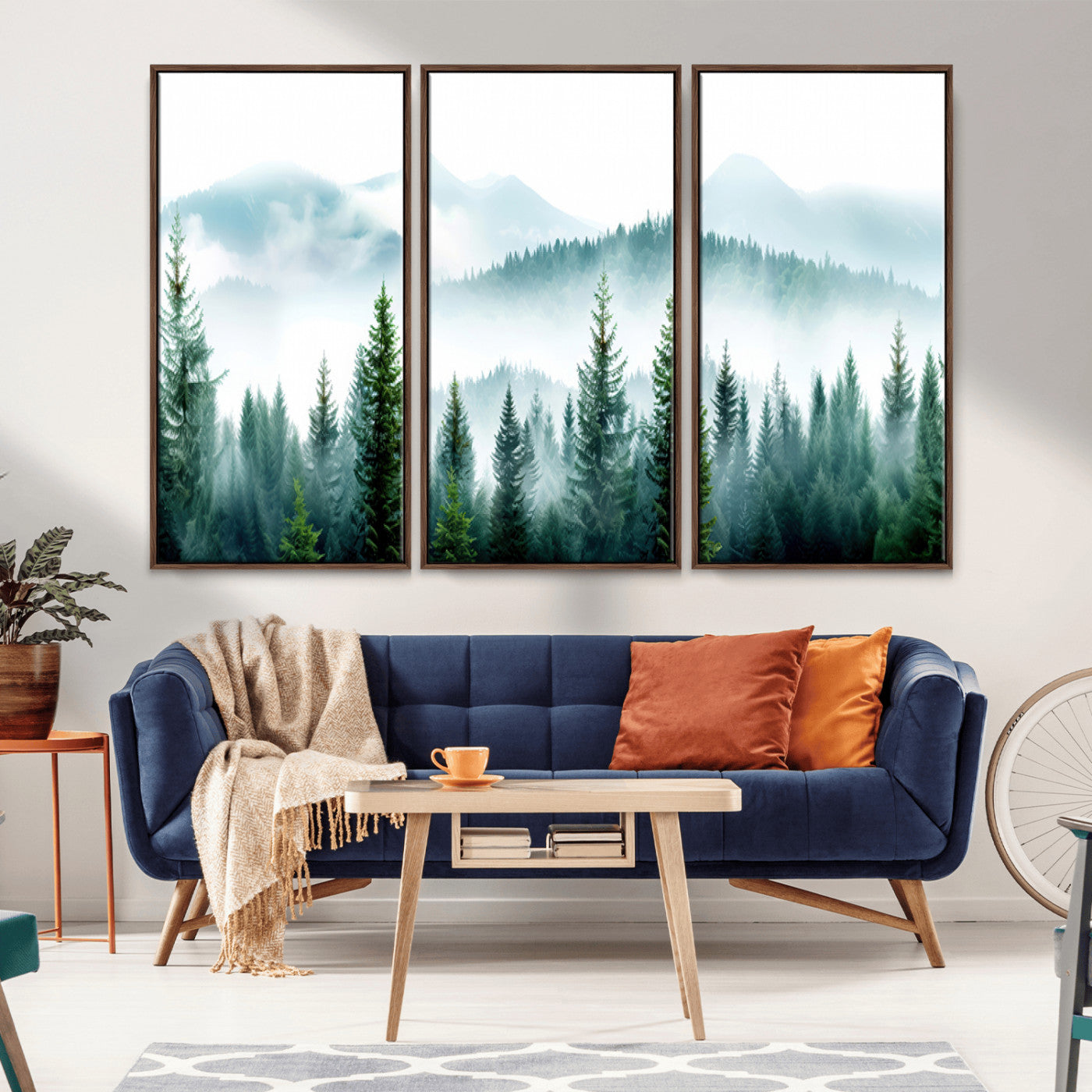 Canvas of pine forest and misty mountain layers in cool tones, perfect for moody forest or serene nature-inspired home decor.