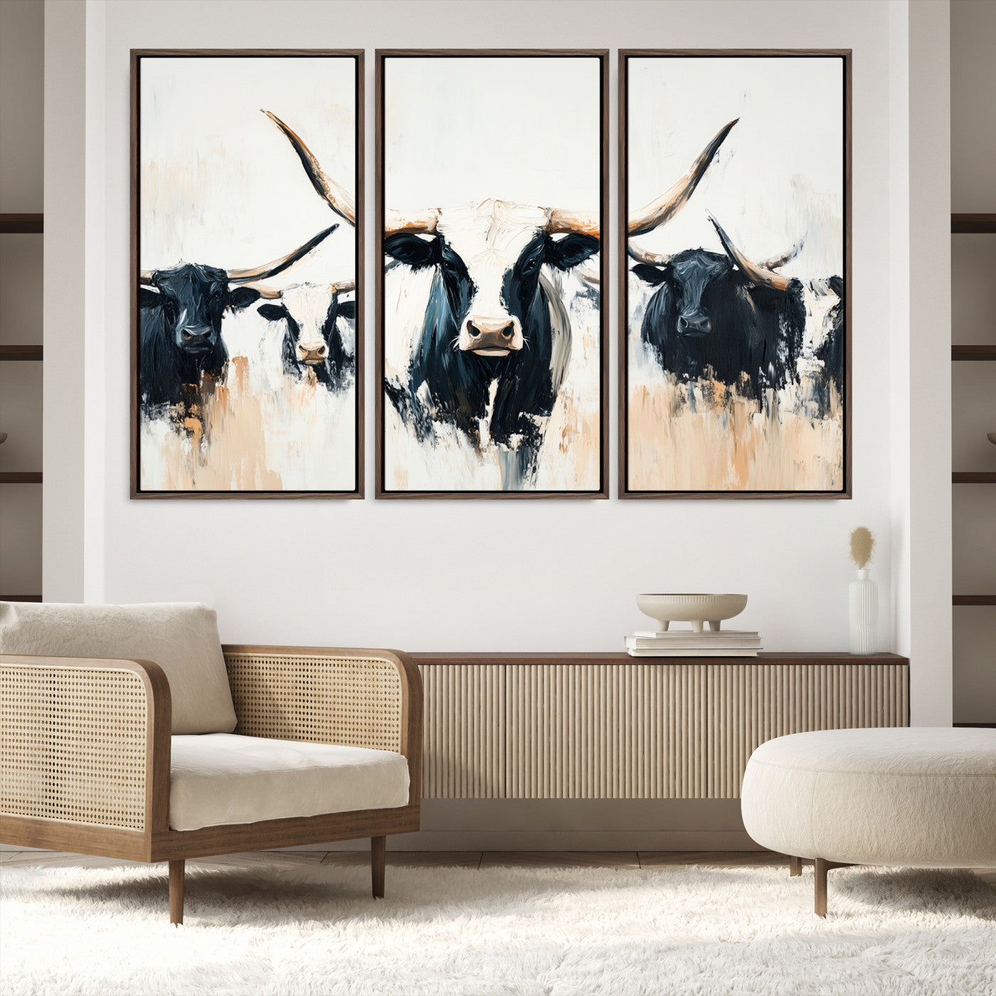 94780606-MGV-FC-48X32-3P-Texas Longhorn Wall Art Canvas Print, Framed Western Cattle Art Picture Print, Horned Bull Perfect Rustic Western Decor, Western Cattle