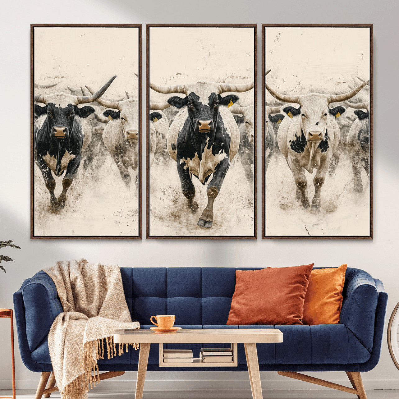 MGV-FC-48X32-3P - Cream Dust Longhorn Wall Art – Canvas Print of Western Herd Stampede, Dynamic Charge, Rustic Prairie Motion, Bold Nature Farm Decor