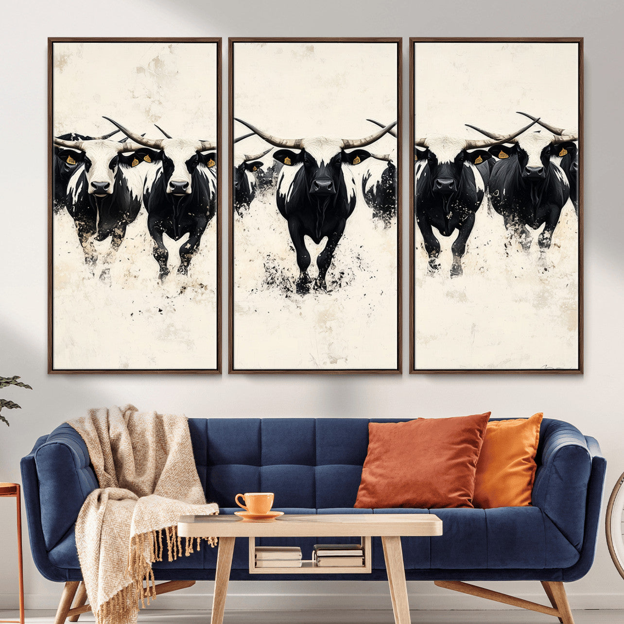 MGV-FC-48X32-3P - Longhorn Cattle Wall Art – Canvas Print of Herd in Motion, Symmetry and Ink Splatter, Minimalist Western Ranch, Bold Rustic Farm Decor