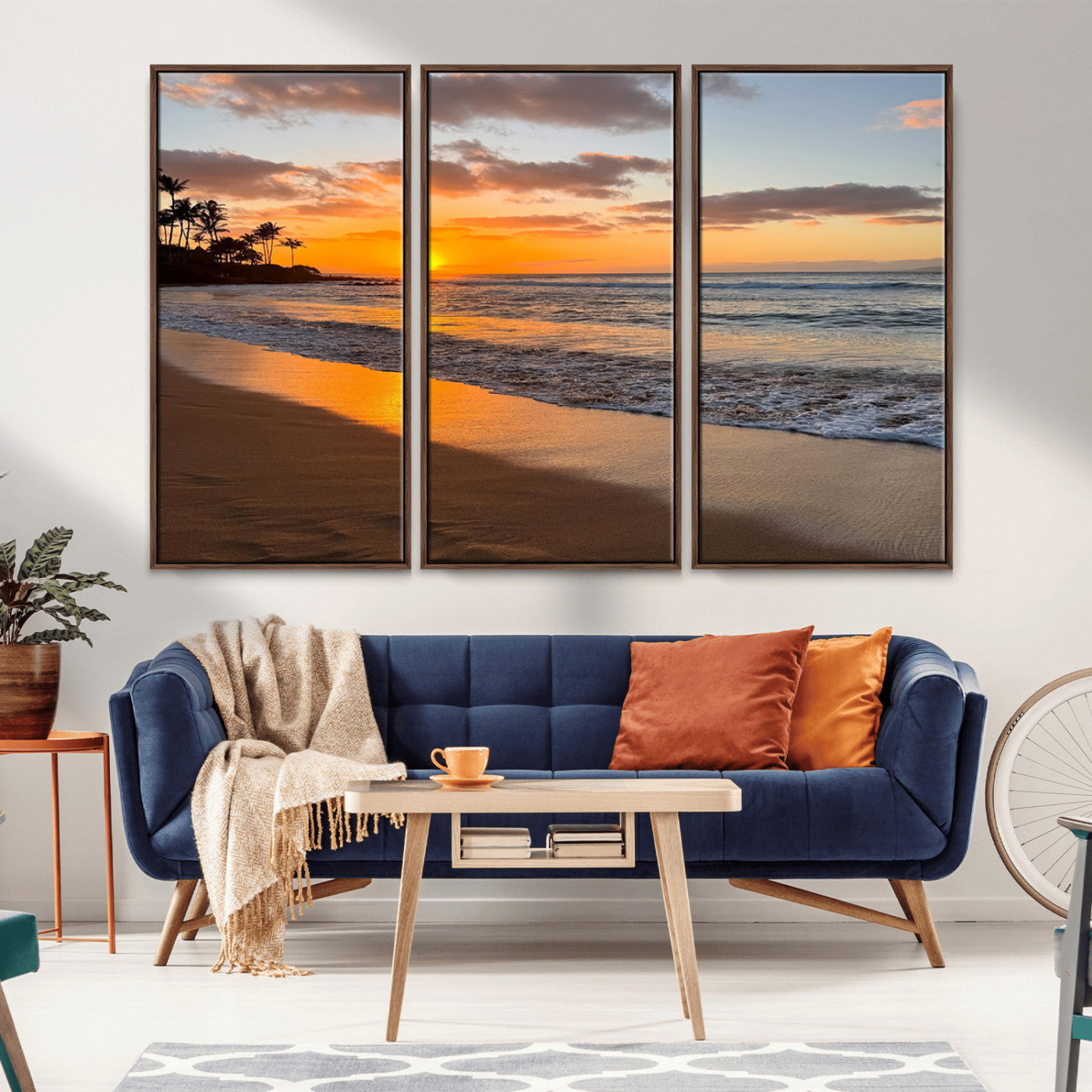 Canvas of a tropical beach at sunset with golden reflections and palm trees, perfect for vibrant coastal or island-style decor.