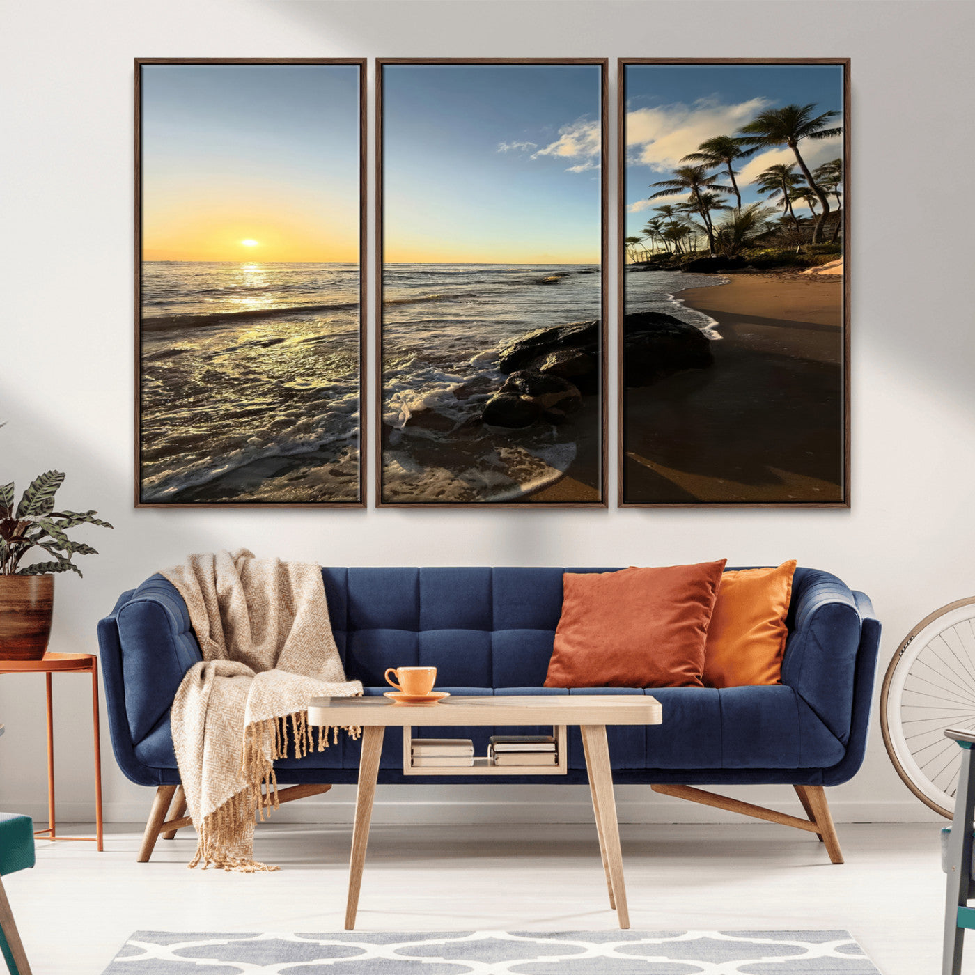 Canvas of a golden sunset on a tropical beach with palm trees and calm waves, perfect for coastal or island-themed home decor.