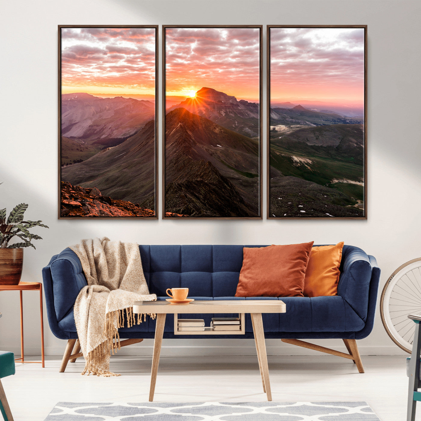 Canvas showing a mountain ridge at sunrise with golden light and dramatic clouds, perfect for nature or rustic-inspired wall decor.