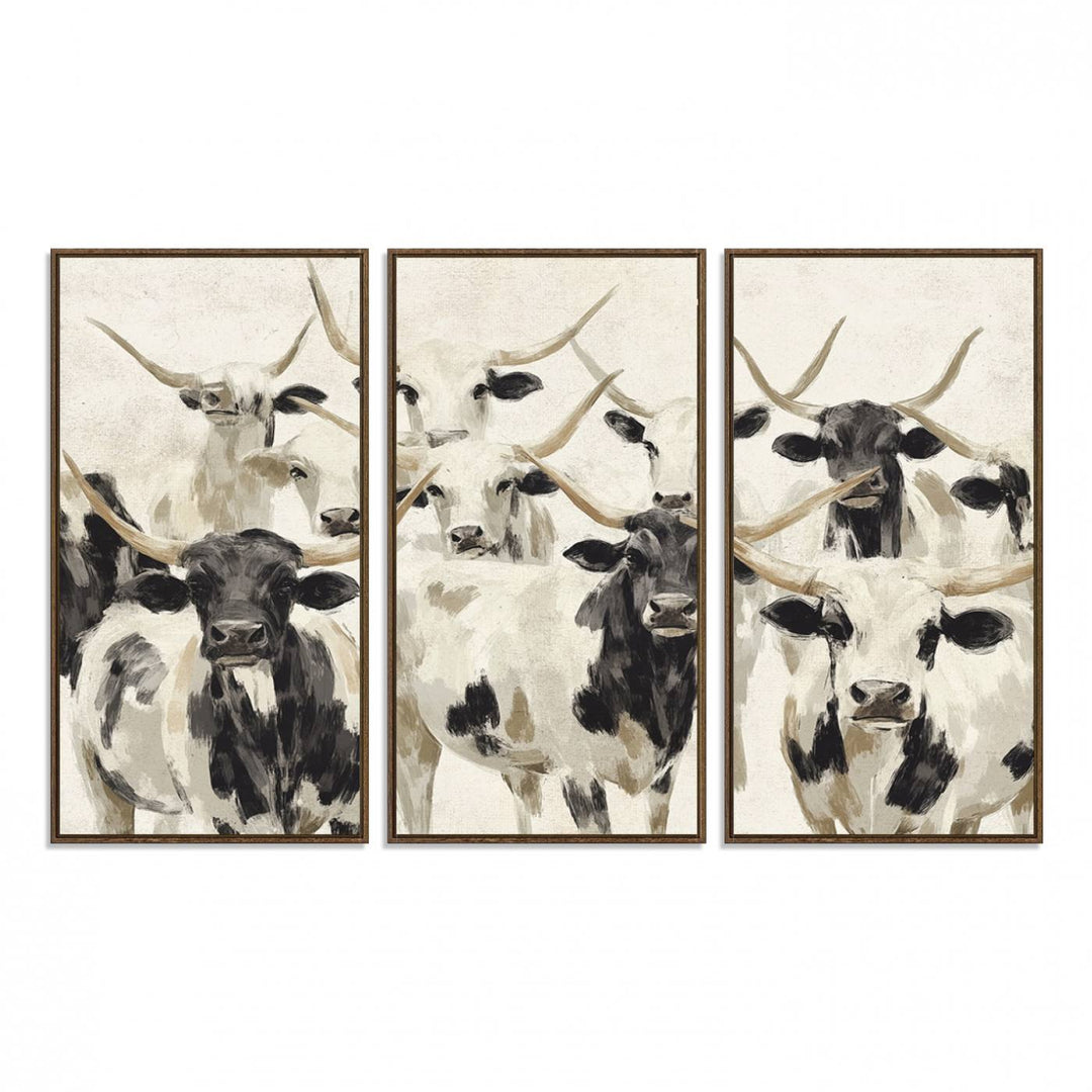 Canvas print titled Longhorn Texas Cow Drawing, depicting longhorn cattle with black and white markings, made in the USA, displayed on the wall.