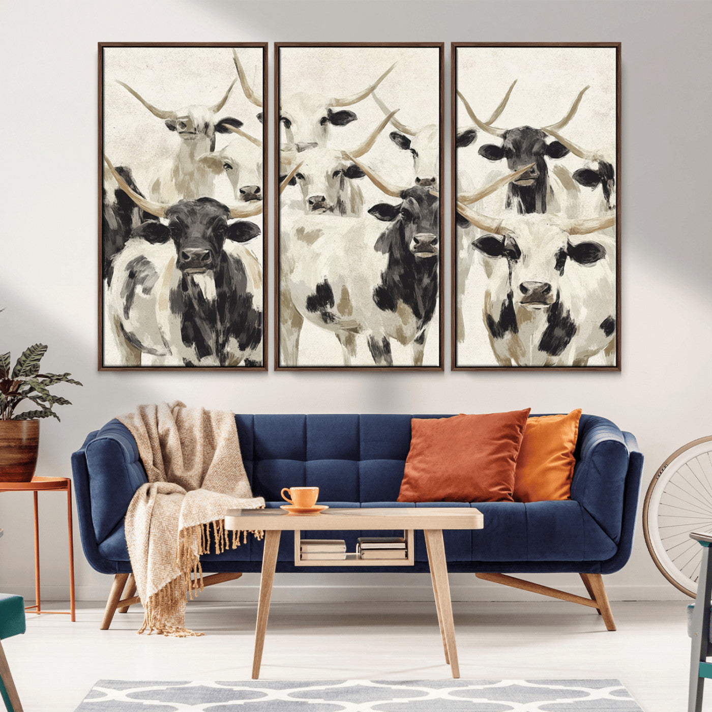 MGV-FC-48X32-3P - Longhorn Texas Cow Drawing Abstract Wall Art Canvas Print for Farmhouse Decor, Texas Bull Printing