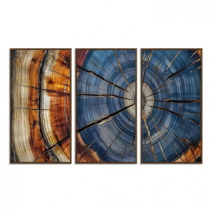 Close-up of blue, brown, and orange wood grain rings on the Abstract Tree Rings Canvas Wall Art Print.