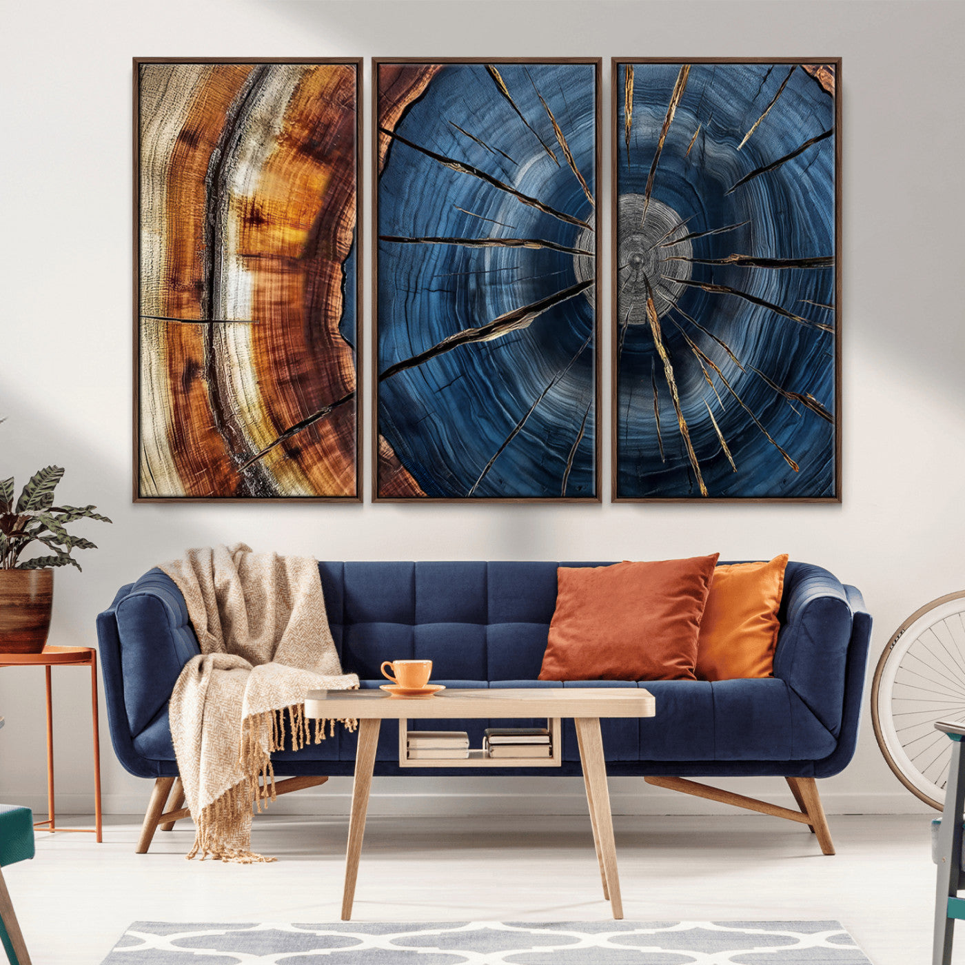 MGV-FC-48X32-3P - Framed Abstract Tree Ring Wall Art Print, Natural Rustic Wood Texture Canvas Print, Wood Tree Stump
