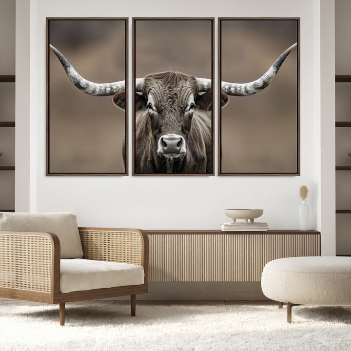 The Framed Texas Longhorn Bull Art Canvas Print adds timeless elegance to the serene setting.