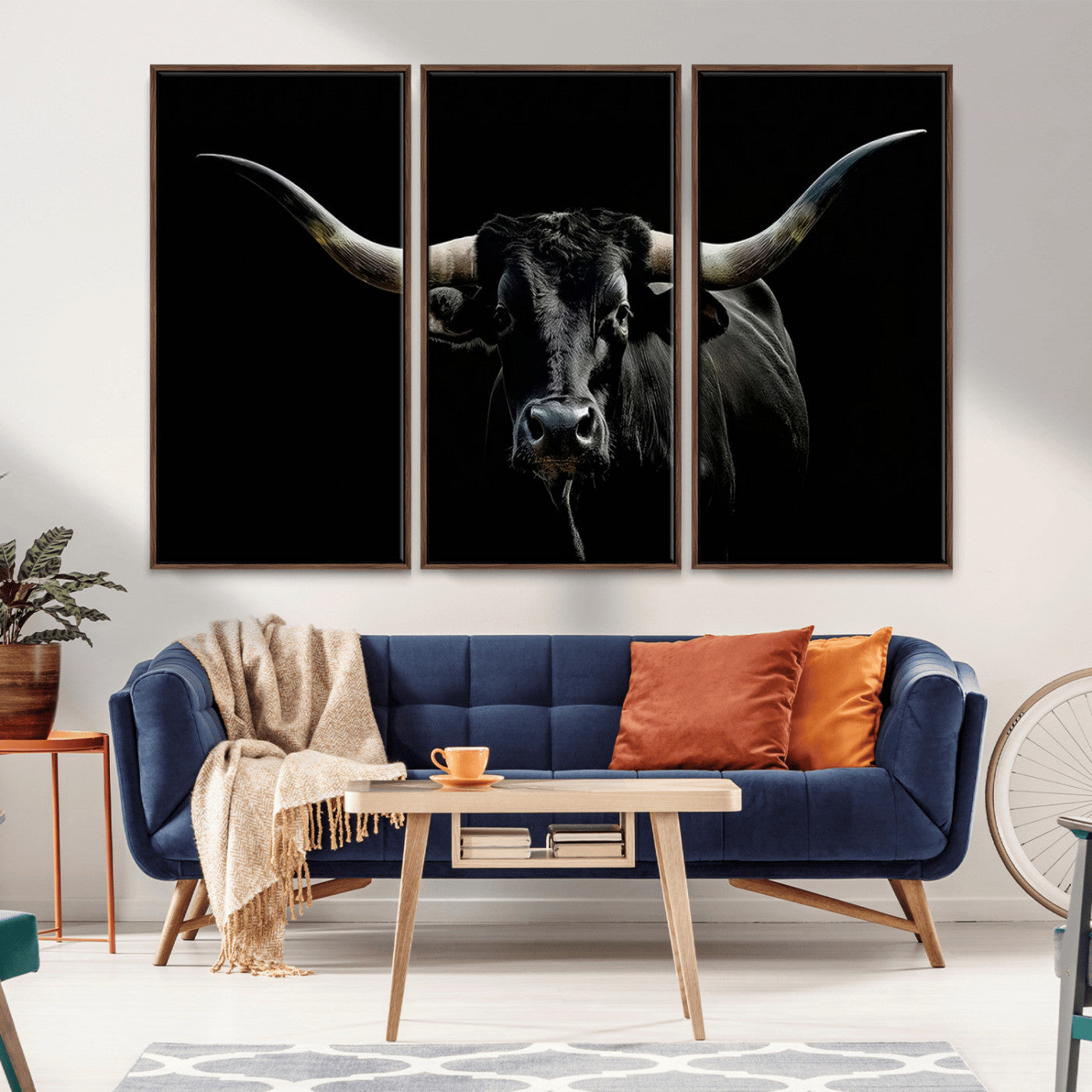 MGV-FC-48X32-3P - Texas Black Bull Wall Art Print, Longhorn Bull Canvas Wall Art