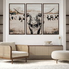 27497342-MGV-FC-48X32-3P_Walnut-Texas Longhorn Wall Art Canvas Print, Framed Speckled Cow Art Picture Print, Horned Cattle Perfect Rustic Western Decor Artwork