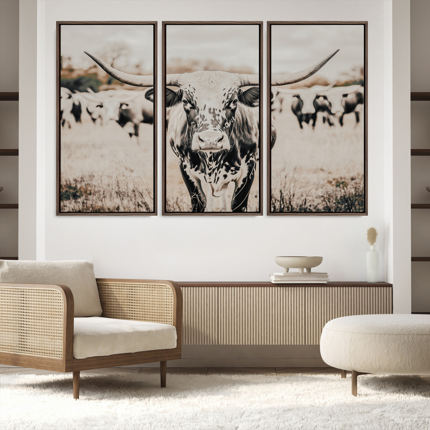 27497342-MGV-FC-48X32-3P_Walnut-Texas Longhorn Wall Art Canvas Print, Framed Speckled Cow Art Picture Print, Horned Cattle Perfect Rustic Western Decor Artwork