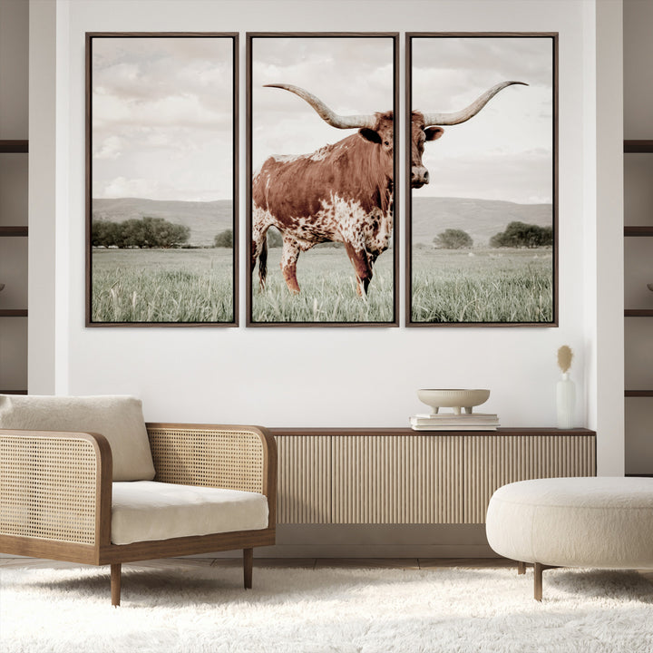 Texas Longhorn Wall Art Canvas Print, Framed Spotted Cattle Art Picture Print, Horned Bull Perfect Rustic Western Decor Artwork