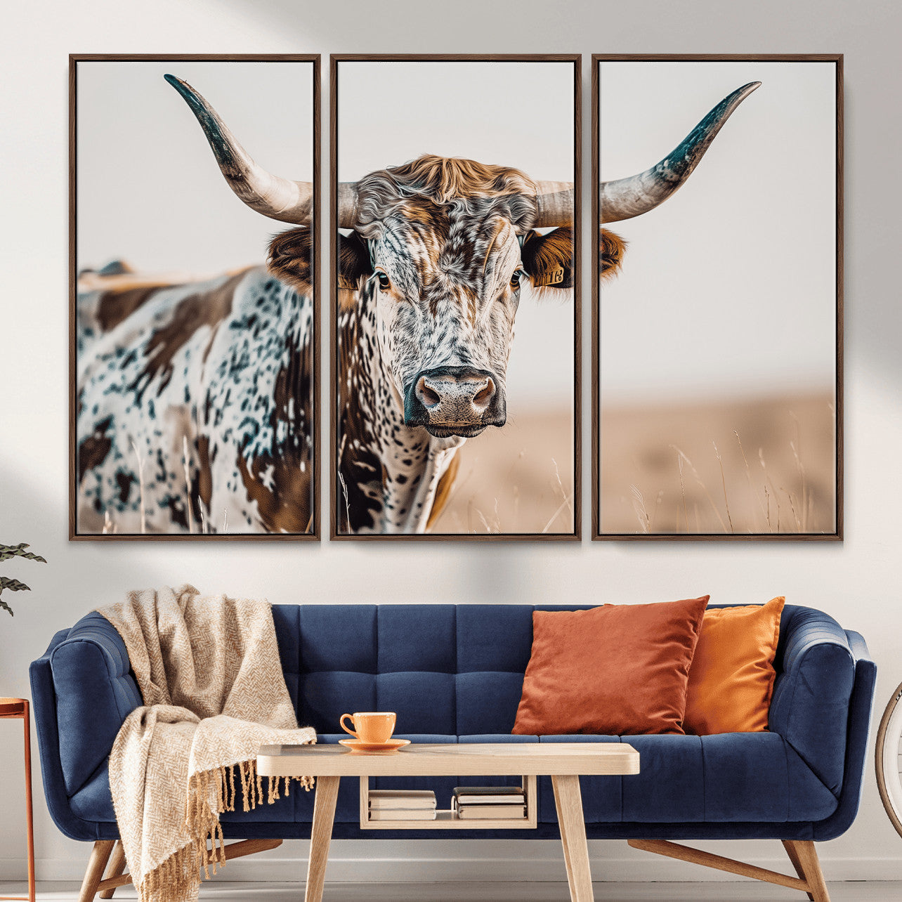 70414966-MGV-FC-48X32-3P - Majestic Longhorn Wall Art – Canvas Print of Strong Stance Intricate Fur & Sharp Horns Rustic Elegance & Timeless Wild Beauty Decor for Living Room, Office or Bedroom