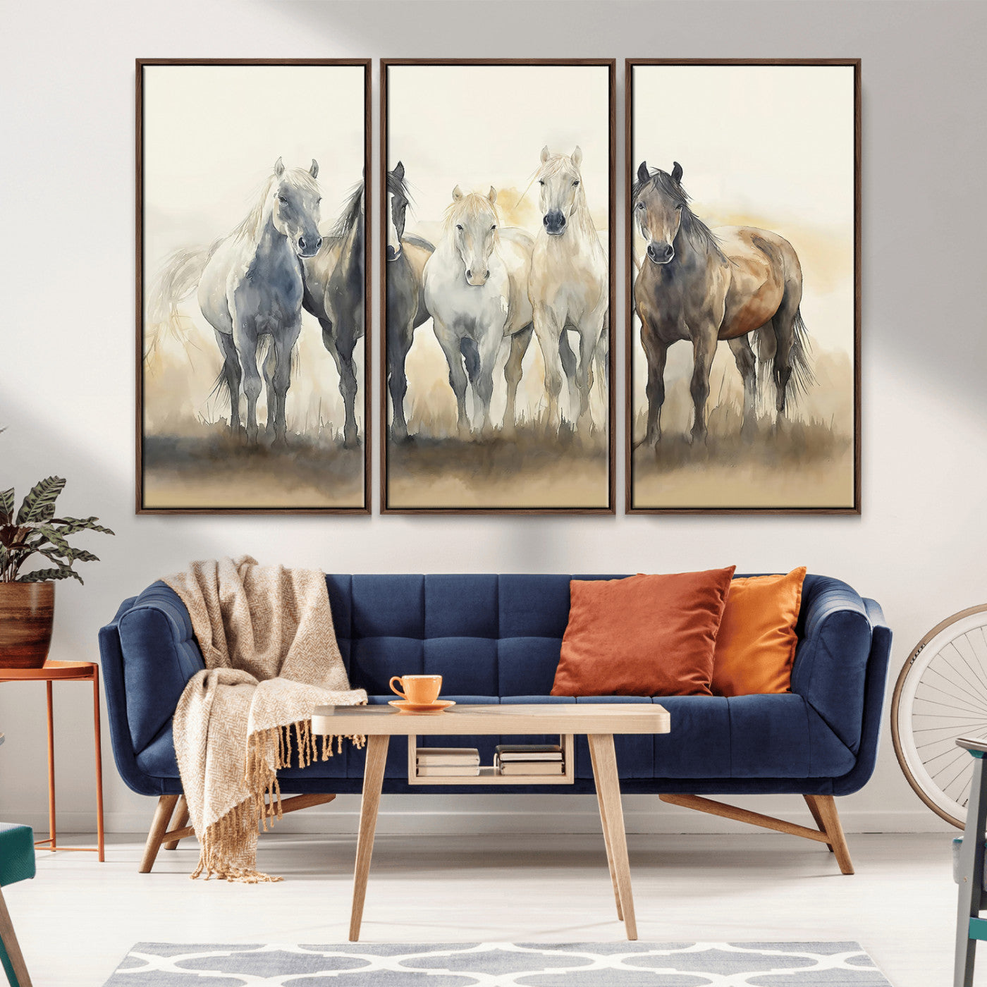 Watercolor illustration of five wild horses in soft neutral tones, perfect for rustic or western-style home decor with a calming natural vibe.