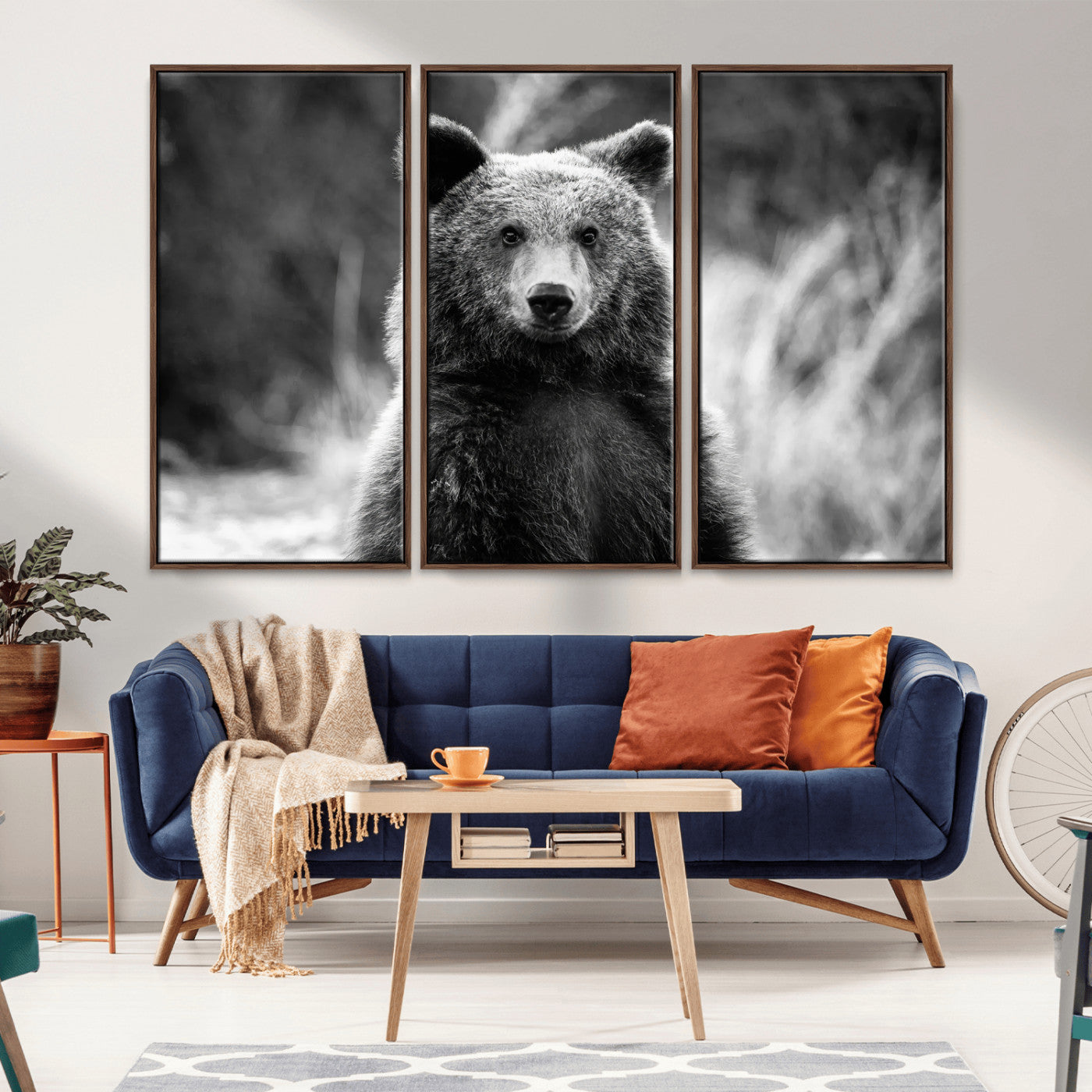 Black and white portrait of a grizzly bear with sharp detail and intense gaze, ideal for neutral-toned wildlife or rustic nature decor.