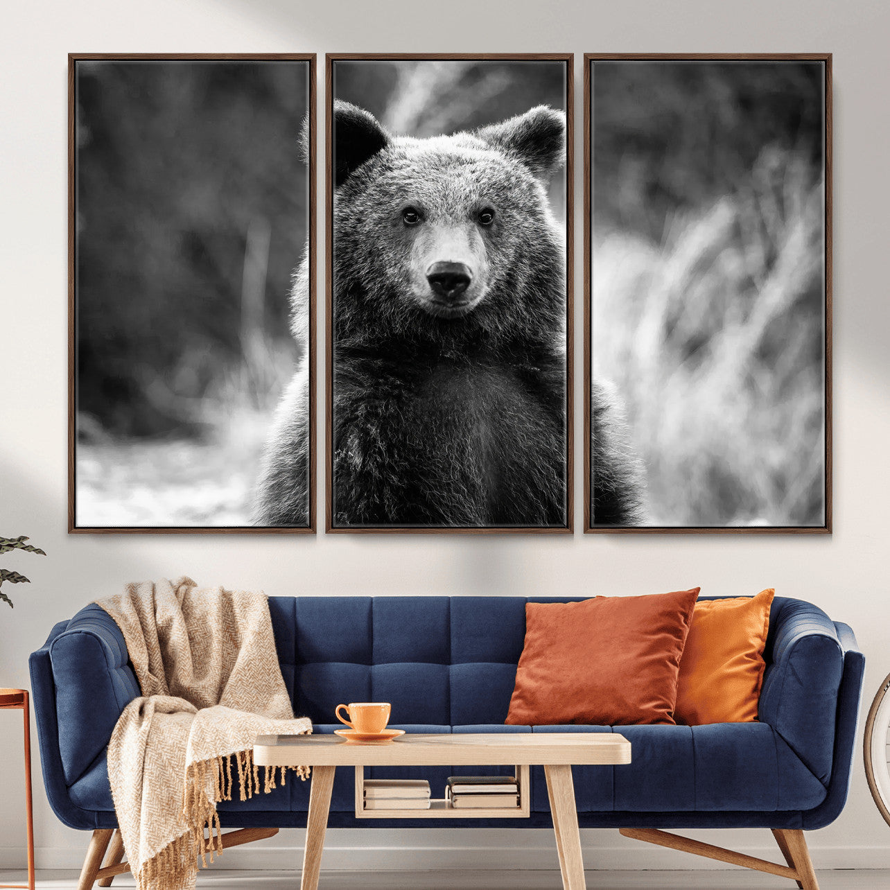 55656803-MGV-CV-36X24-Grizzly Bear Wall Art Canvas Print – Framed Black White Wildlife Rustic Nature Artwork for Home, Office Decor