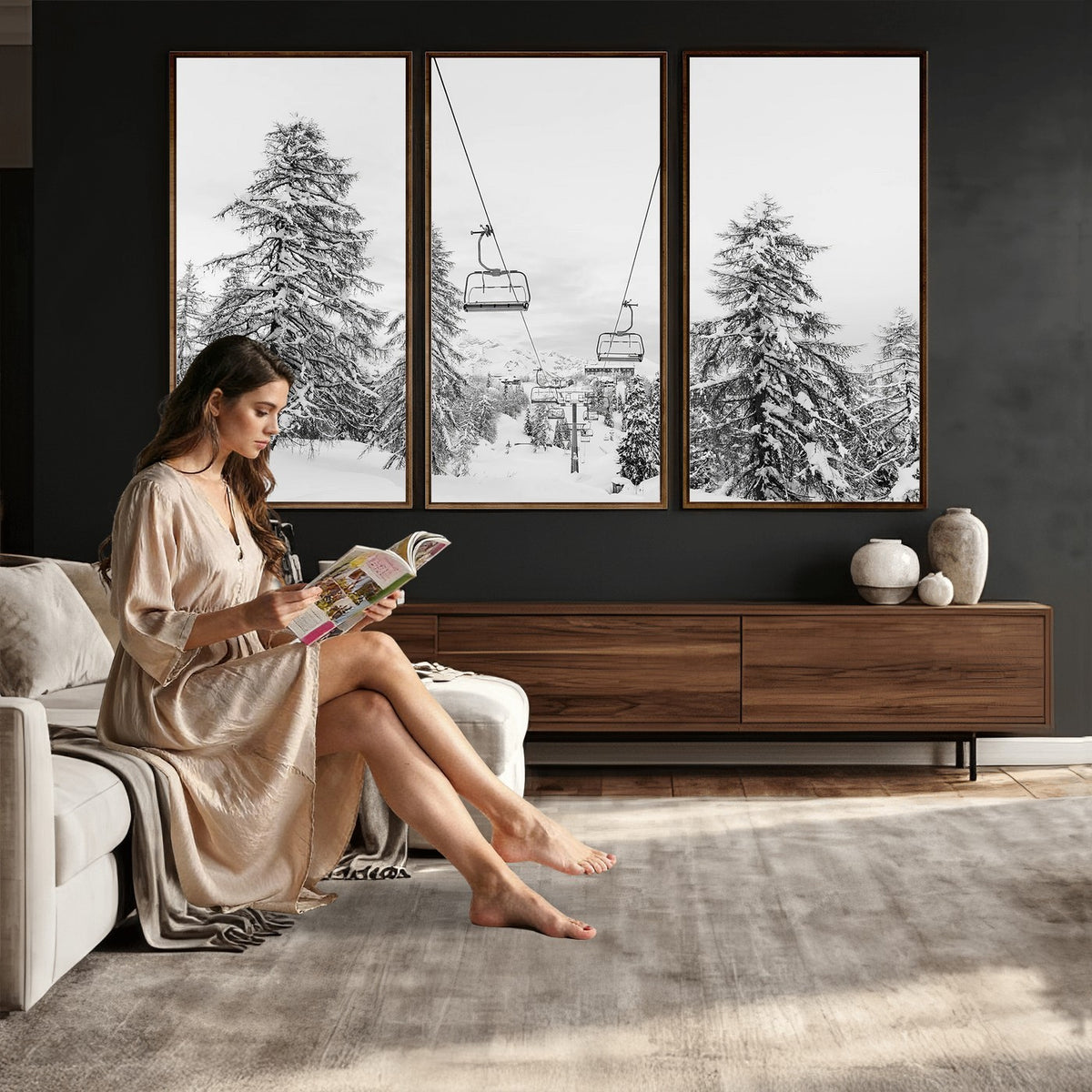 55003599D-MGV-CV-24X16 - Ski Lift Wall Art | Framed Snowy Mountain Canvas Artwork