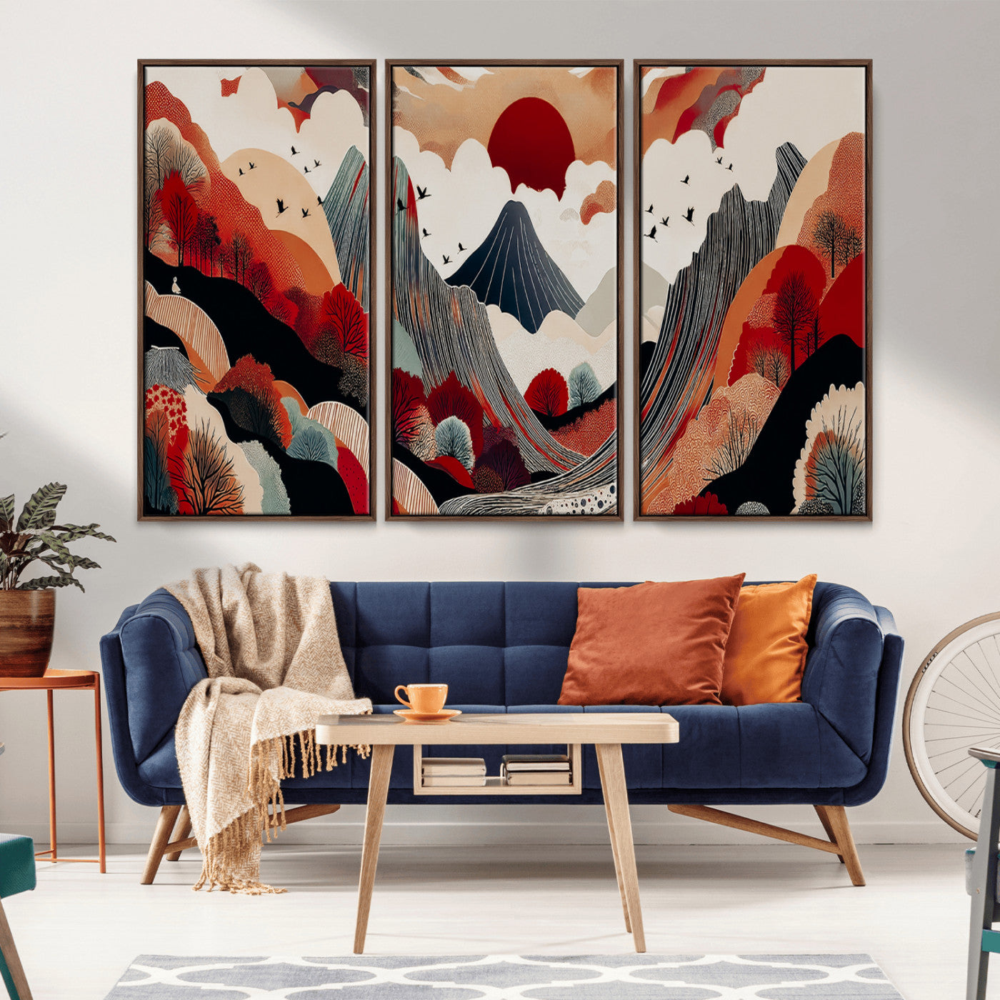Abstract nature illustration with a red sun, mountains, and vibrant landscapes in graphic style, perfect for contemporary minimalist home decor. Ideal for modern spaces.