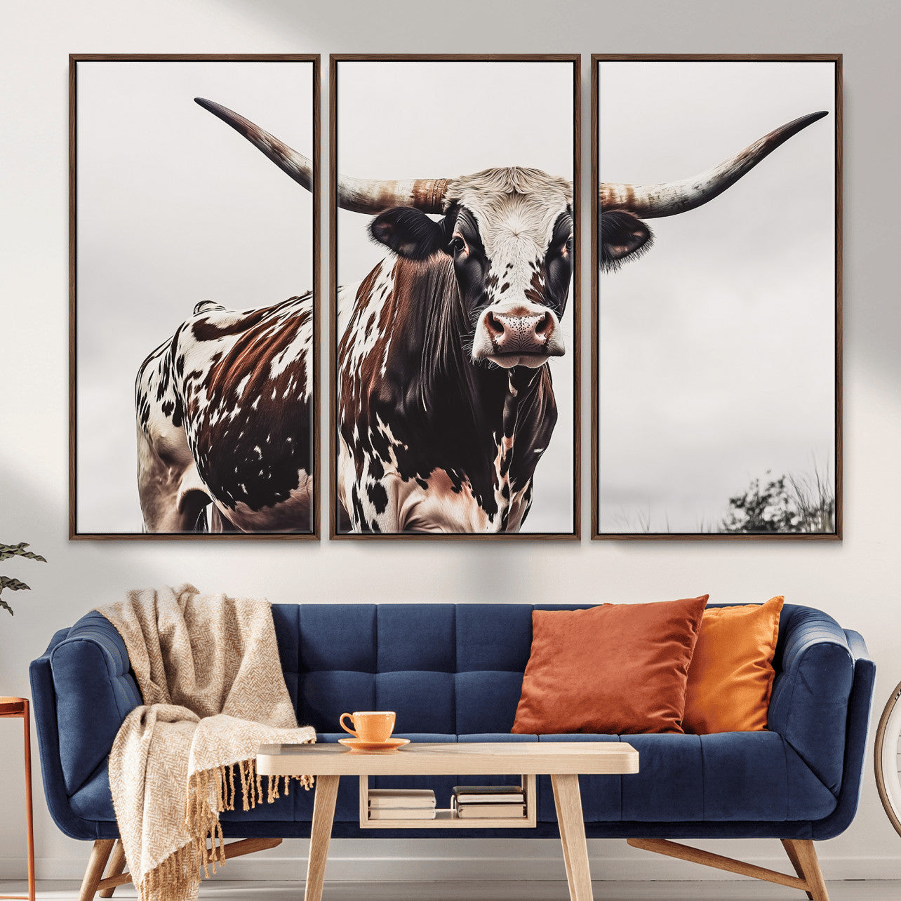 MGV-FC-48X32-3P - Texas Longhorn Wall Art Canvas Print, Framed Spotted Bull Art Picture Print, Horned Cattle Perfect Rustic Farmhouse Decor Artwork