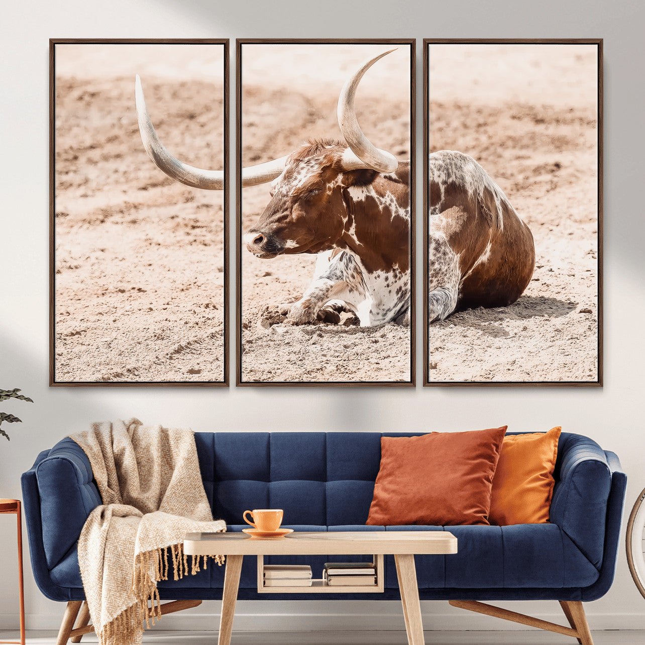 91248682-MGV-CV-36X24-Texas Longhorn Wall Art Canvas Print – Framed Resting Bull Scene with Spotted Cattle Artwork for Home, Office
